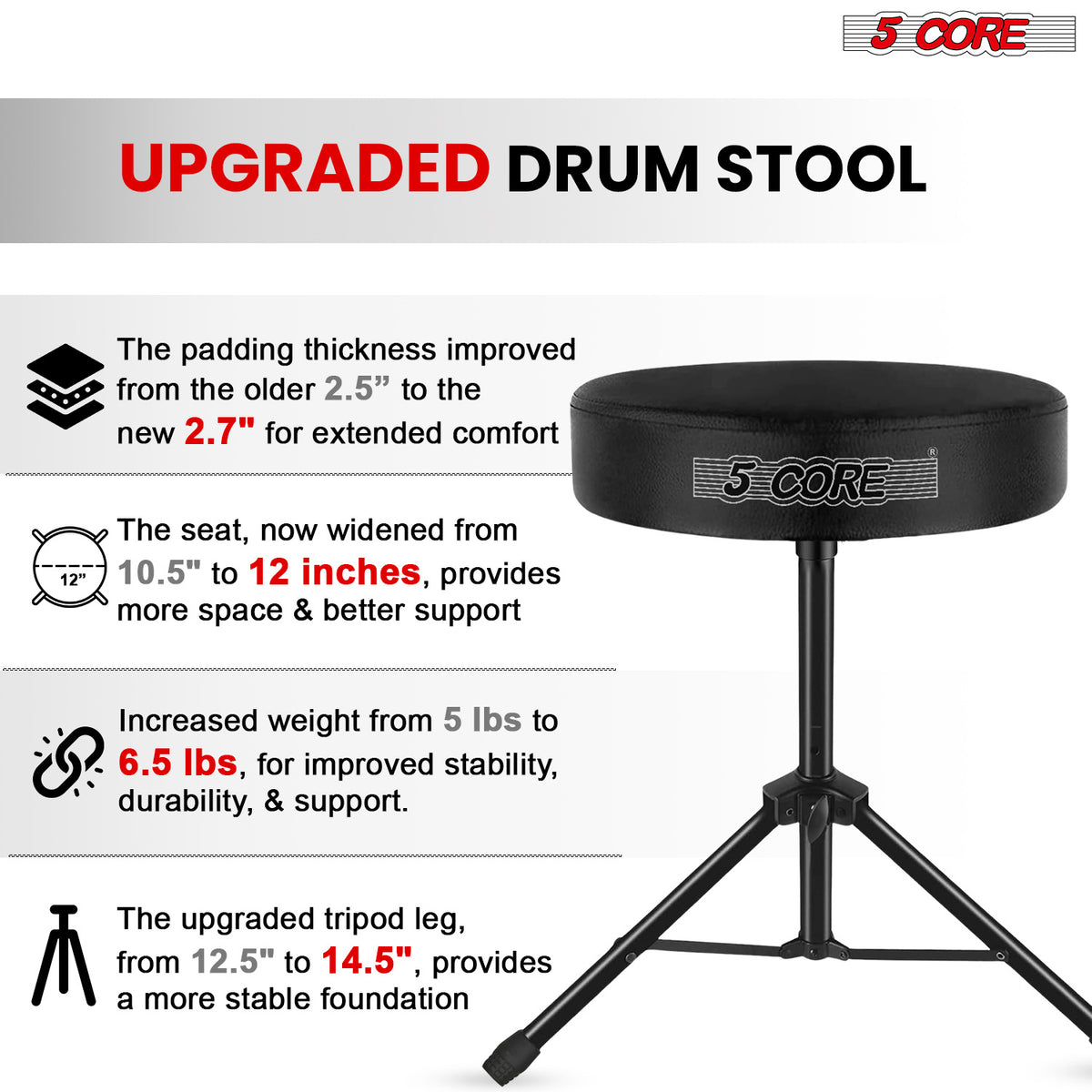 5 Core Drum Throne Padded Guitar Stool Height Adjustable Drummer Seat Music Chair for Adults And Kids - DS 01