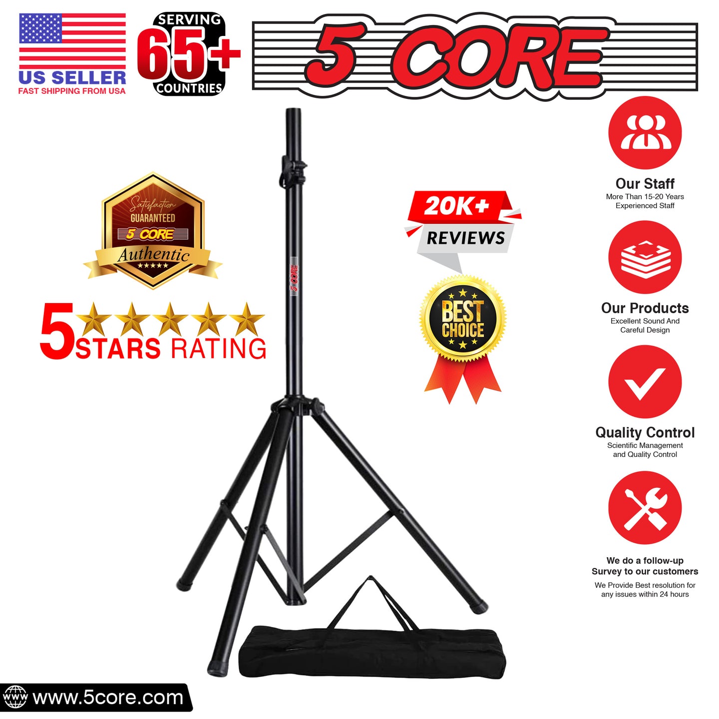Heavy Duty Adjustable Tripod Speaker Stands Pair, Floor DJ Studio Monitor Pole Mount, Up to 72 Inch