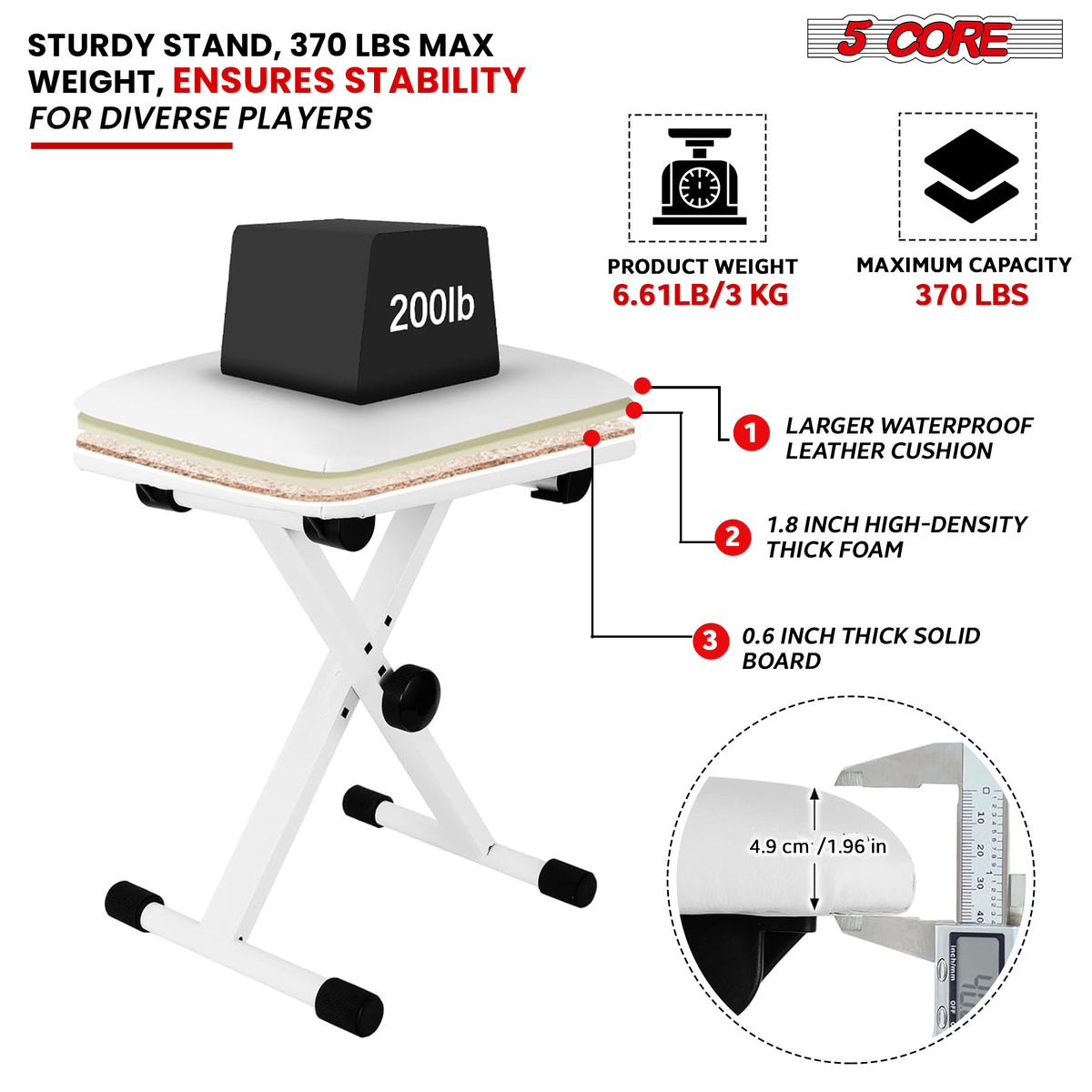 5 Core Keyboard Bench X Style Piano Stool Thick Padded Seat 16.3 to 19.6 inch Adjustable Keyboards Chair White - KBB 02 WH