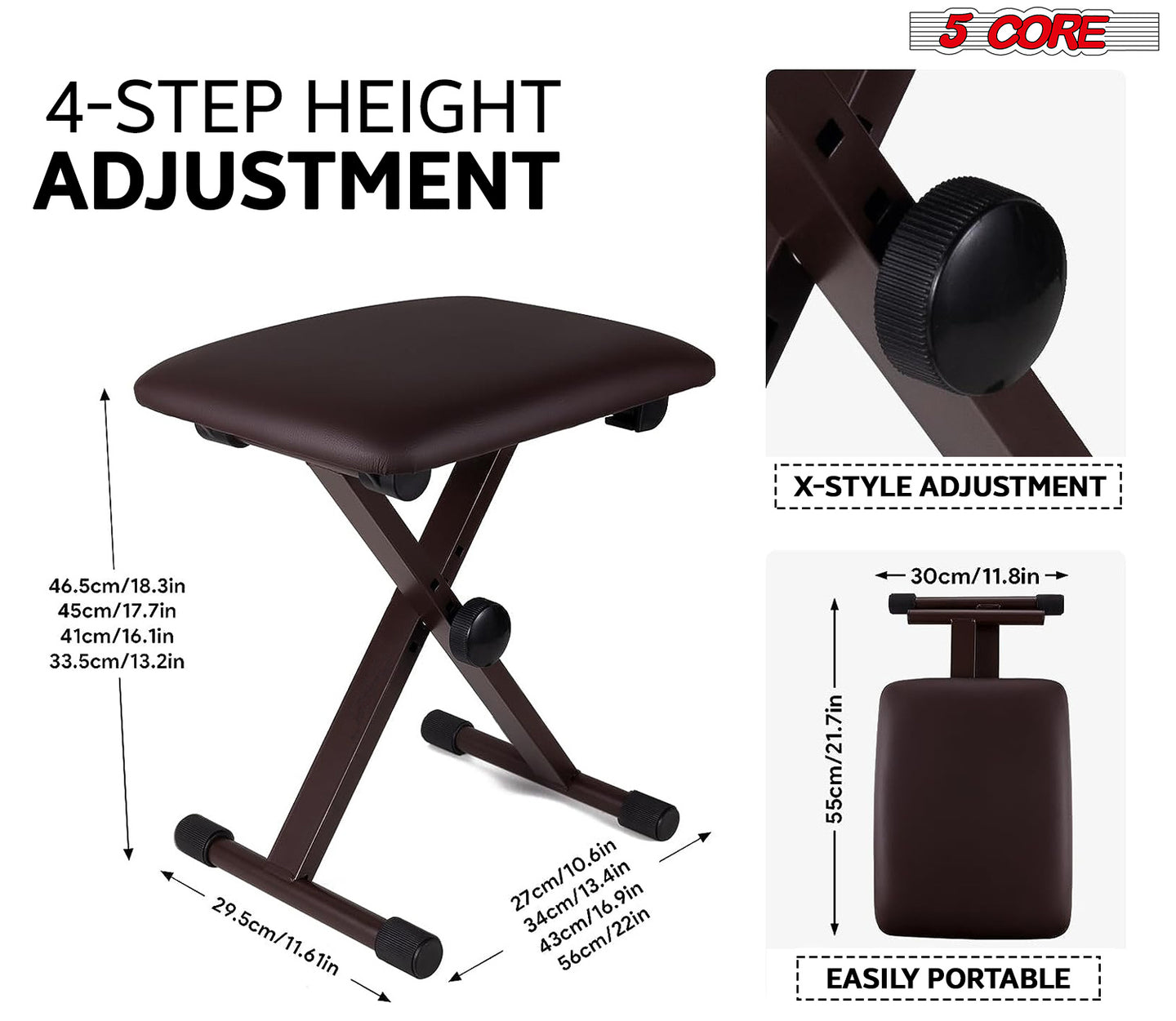 5 Core Keyboard Bench X Style Piano Stool Thick Padded Seat 16.3 to 19.6 inch Adjustable Keyboards Chair Brown - KBB 02 BR