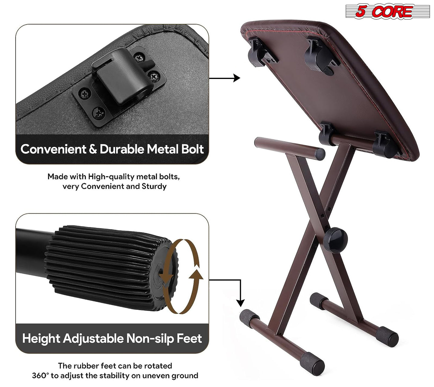 5 Core Keyboard Bench X Style Piano Stool Thick Padded Seat 16.3 to 19.6 inch Adjustable Keyboards Chair Brown - KBB 02 BR