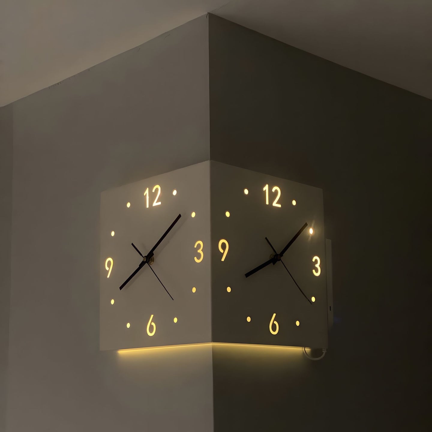 Nordic Square Modern Corner Wall Clock with Sensor Night Light – Minimalist Wall Mounted Clock
