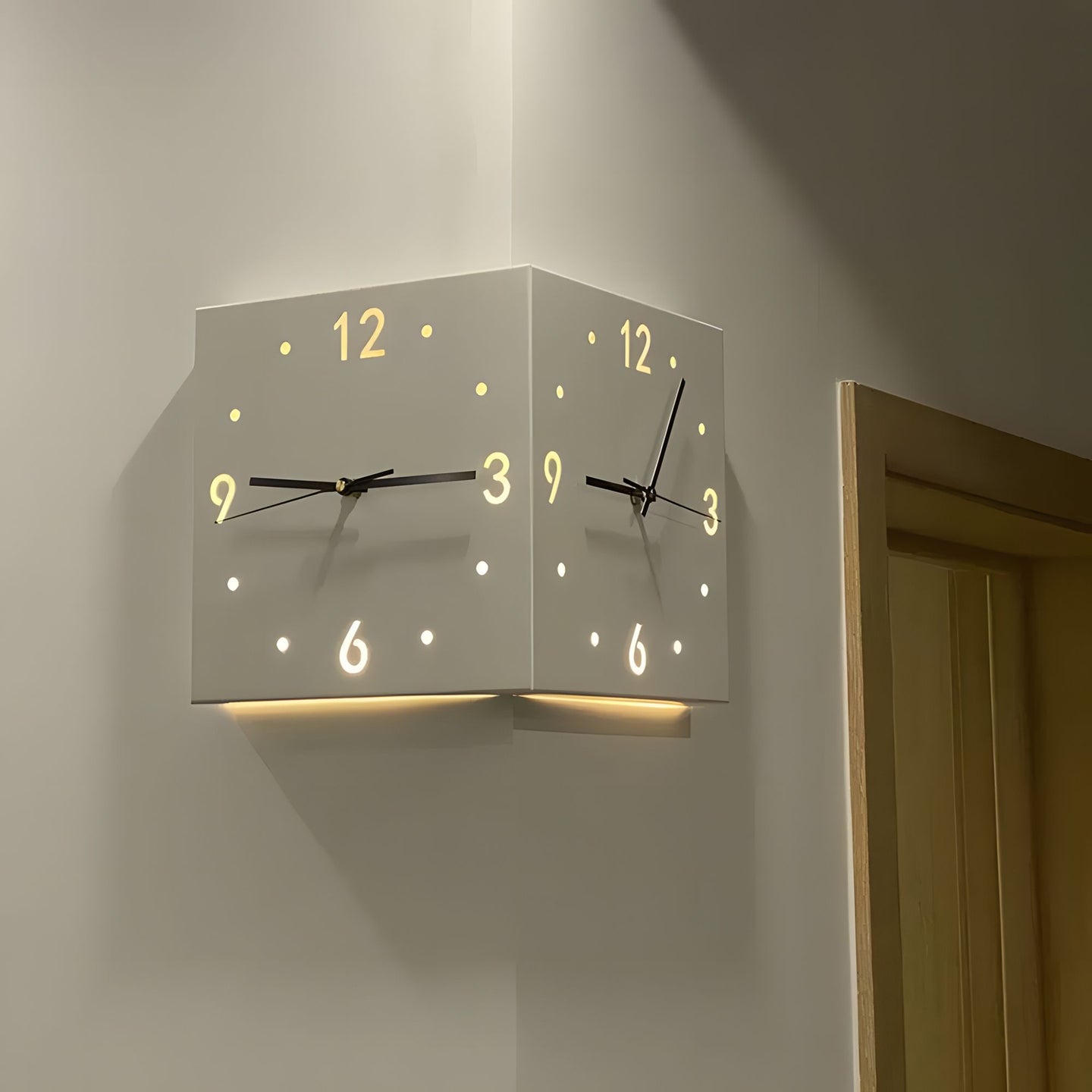 Nordic Square Modern Corner Wall Clock with Sensor Night Light – Minimalist Wall Mounted Clock
