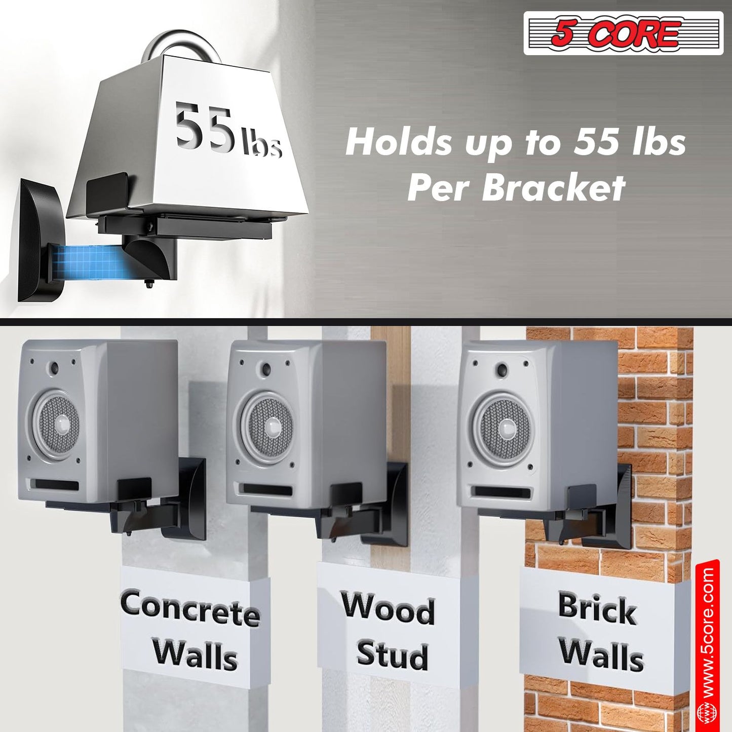 Adjustable Bookshelf Speaker Wall Mount Pair - Swivel & Tilt, 55lb Capacity