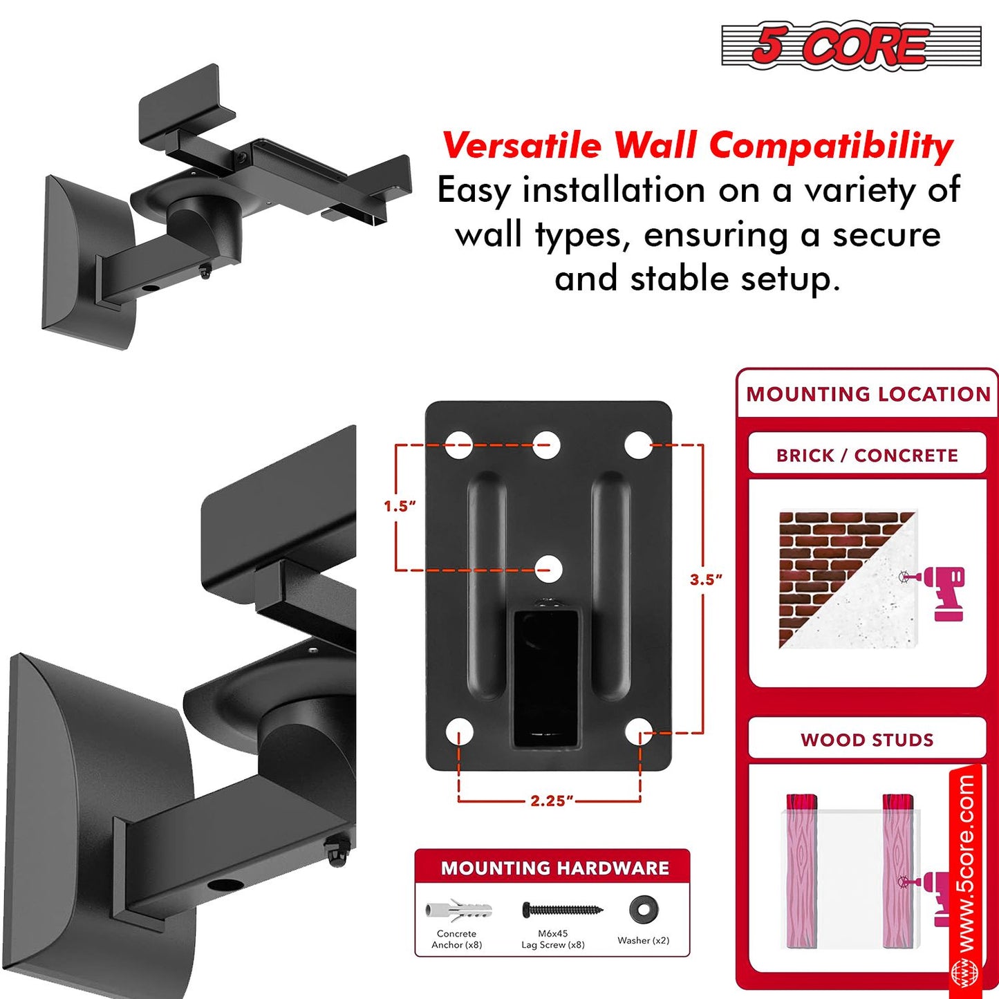 Adjustable Bookshelf Speaker Wall Mount Pair - Swivel & Tilt, 55lb Capacity