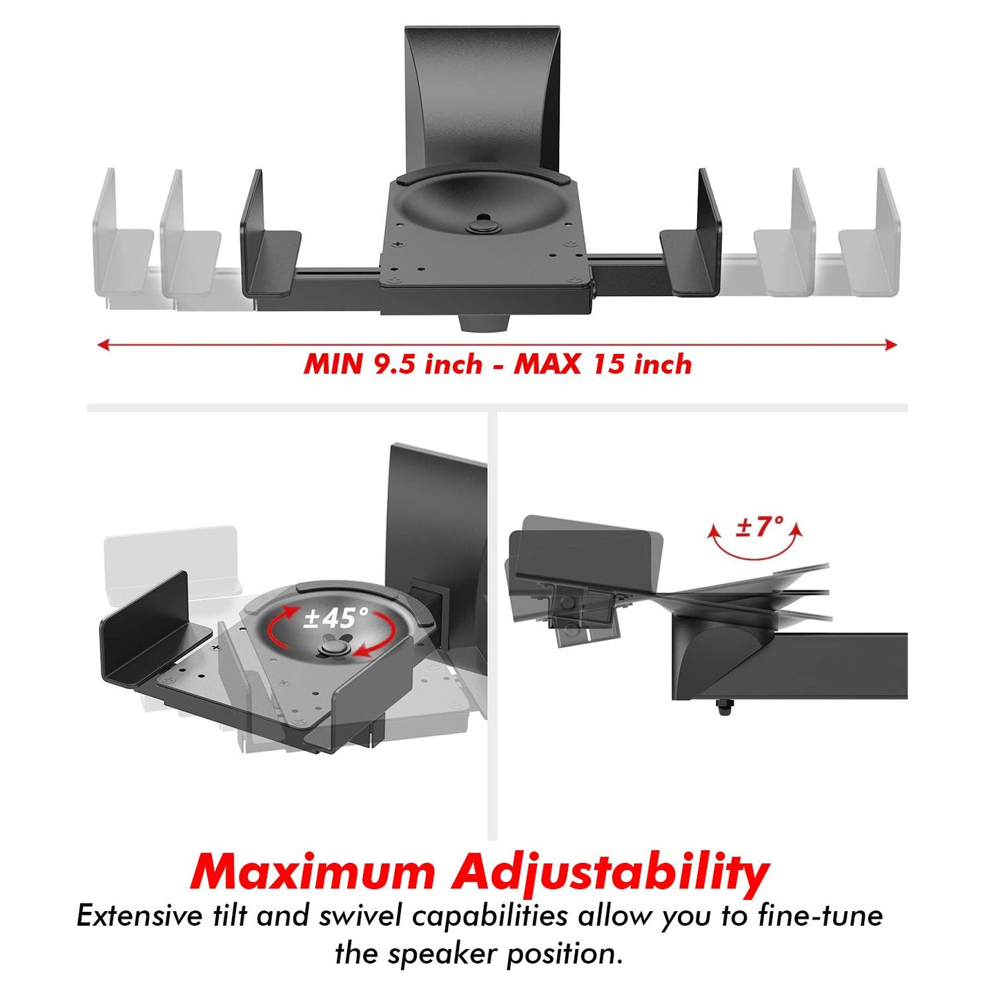Adjustable Bookshelf Speaker Wall Mount Pair - Swivel & Tilt, 55lb Capacity