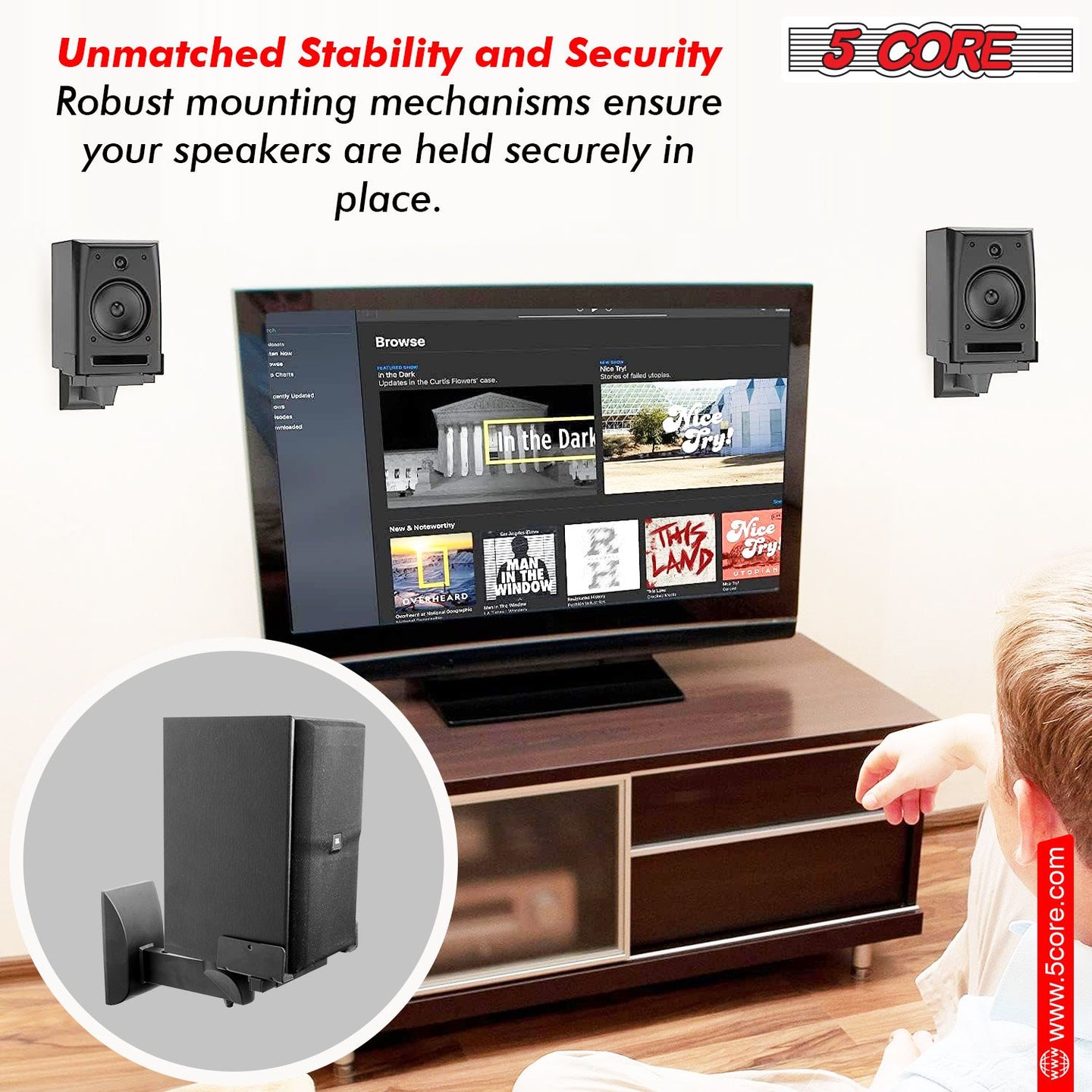 Adjustable Bookshelf Speaker Wall Mount Pair - Swivel & Tilt, 55lb Capacity