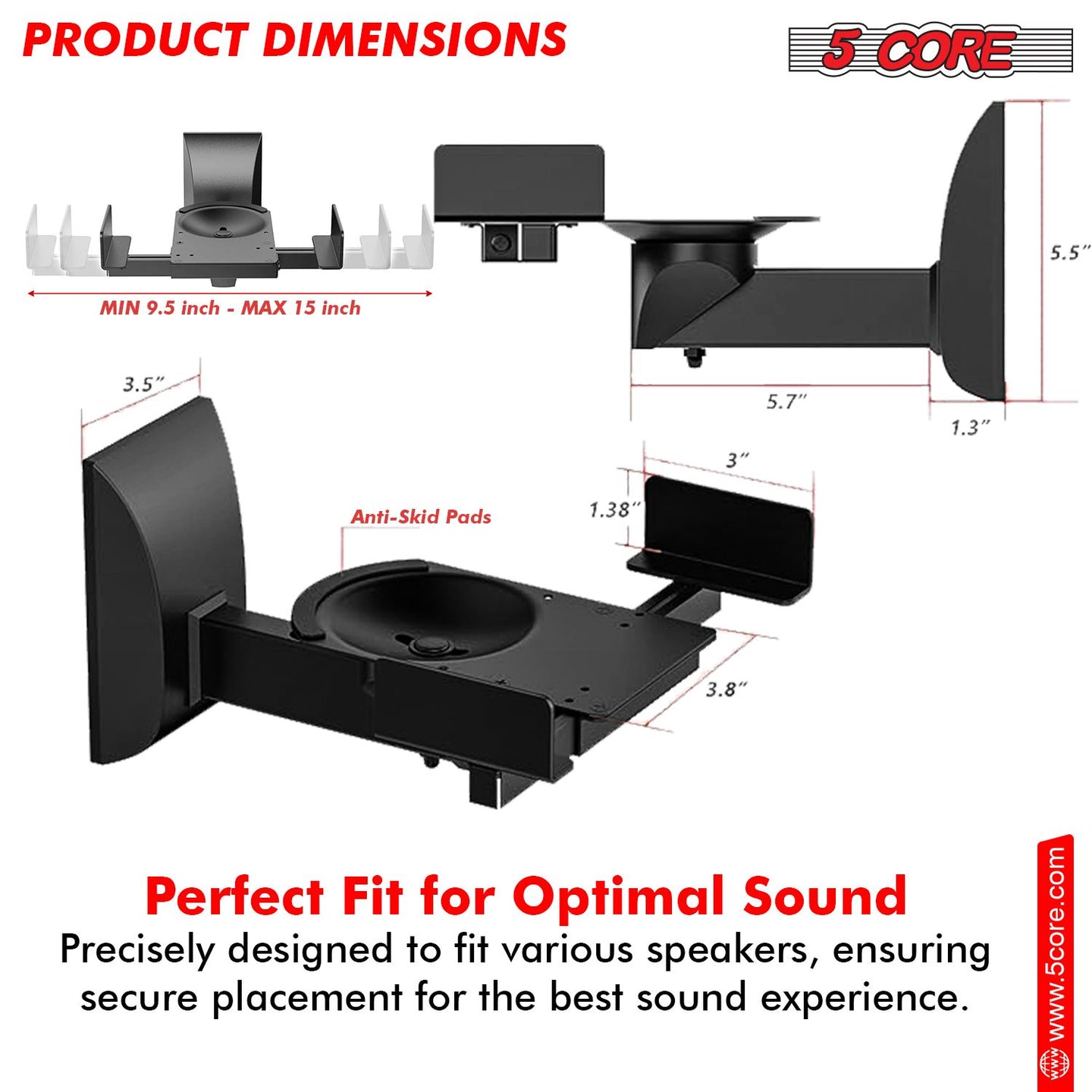 Adjustable Bookshelf Speaker Wall Mount Pair - Swivel & Tilt, 55lb Capacity
