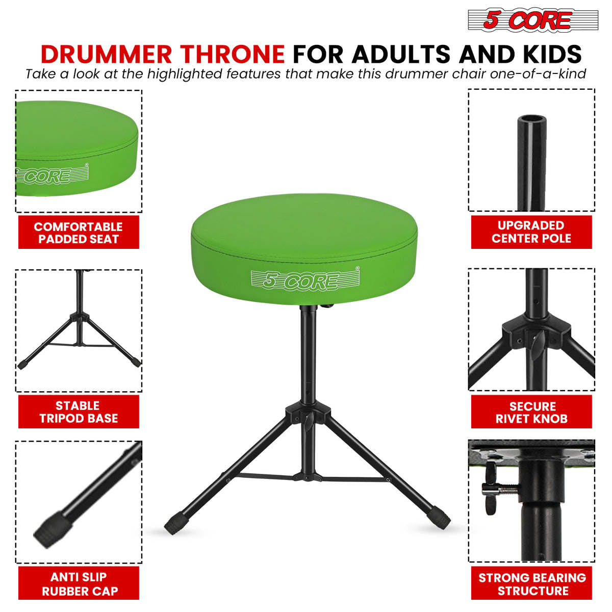 5 Core Drum Throne Padded Guitar Stool Height Adjustable Drummer Seat Music Chair for Adults And Kids - DS 01