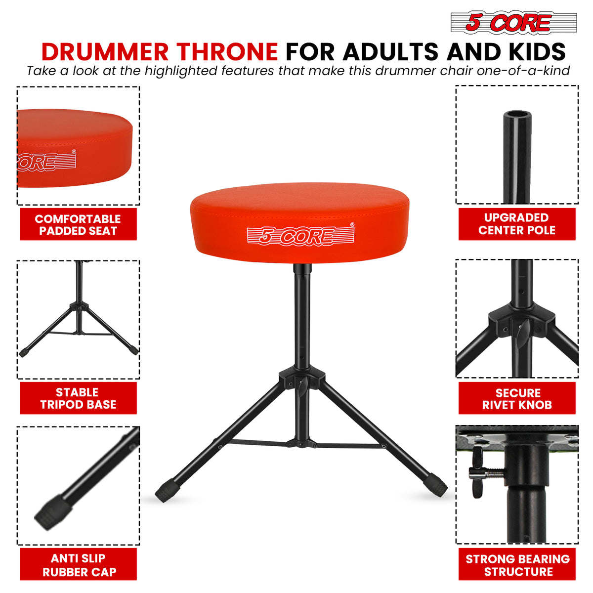 5 Core Drum Throne Padded Guitar Stool Height Adjustable Drummer Seat Music Chair for Adults And Kids - DS 01