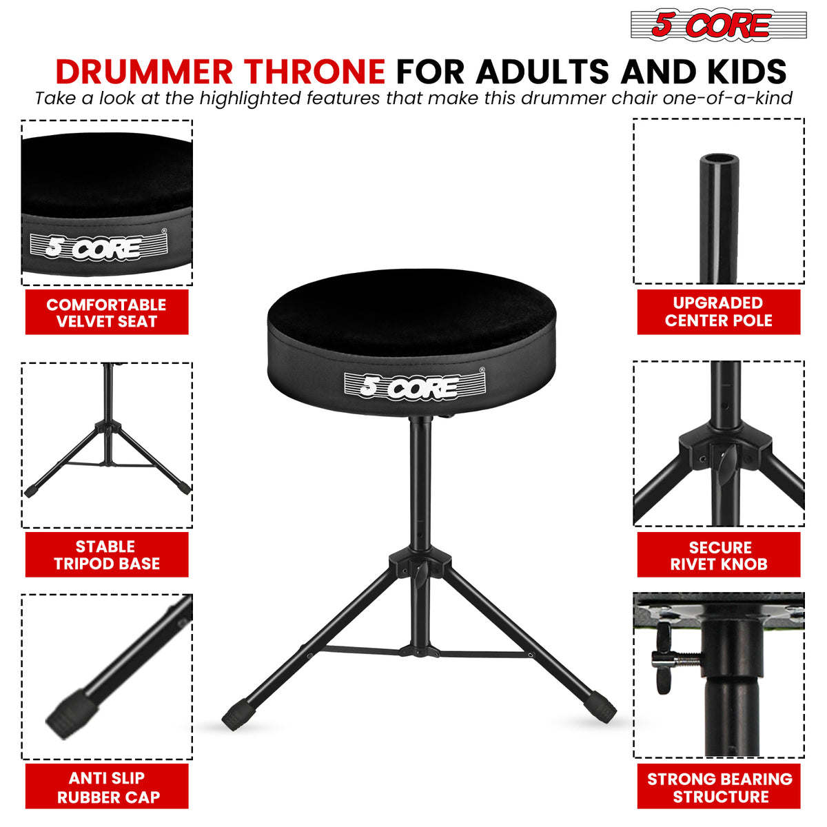 5 Core Drum Throne Padded Guitar Stool Height Adjustable Drummer Seat Music Chair for Adults And Kids - DS 01