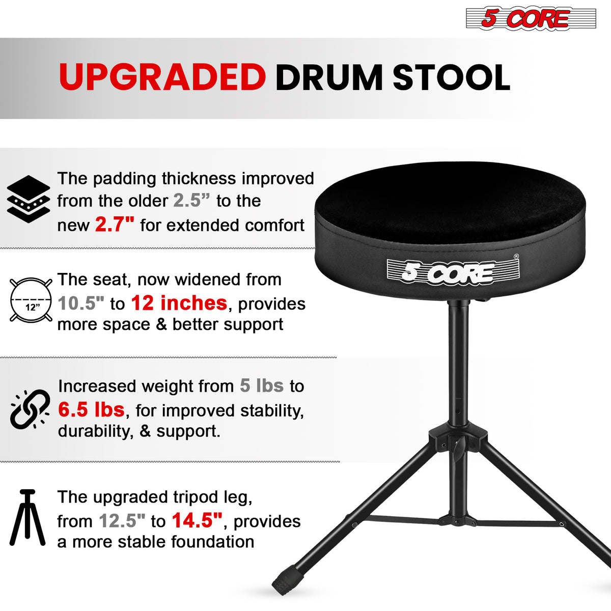 5 Core Drum Throne Padded Guitar Stool Height Adjustable Drummer Seat Music Chair for Adults And Kids - DS 01