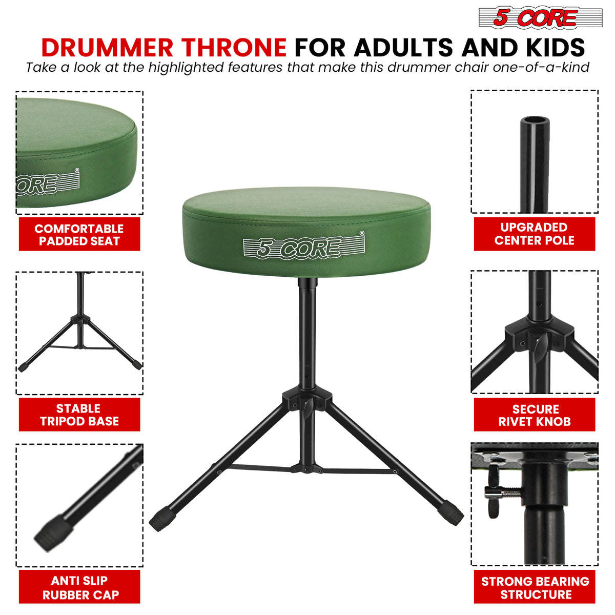 5 Core Drum Throne Padded Guitar Stool Height Adjustable Drummer Seat Music Chair for Adults And Kids - DS 01