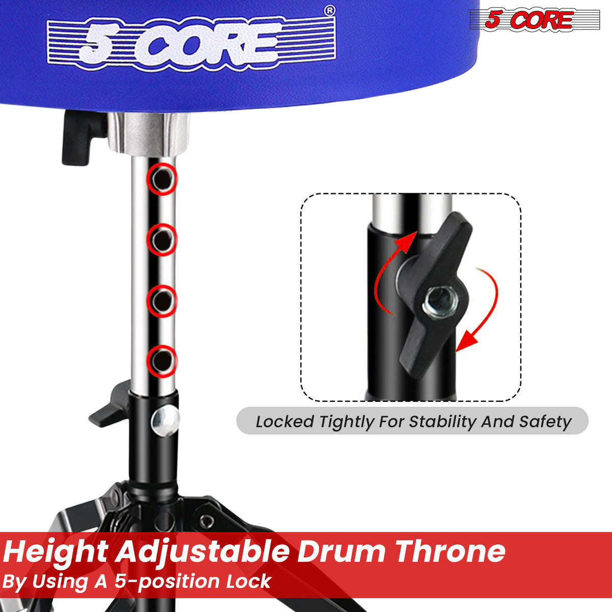 5Core Drum Throne Padded Guitar Stool Height Adjustable Drummer Seat Music Chair for Adults And Kids - BLUE