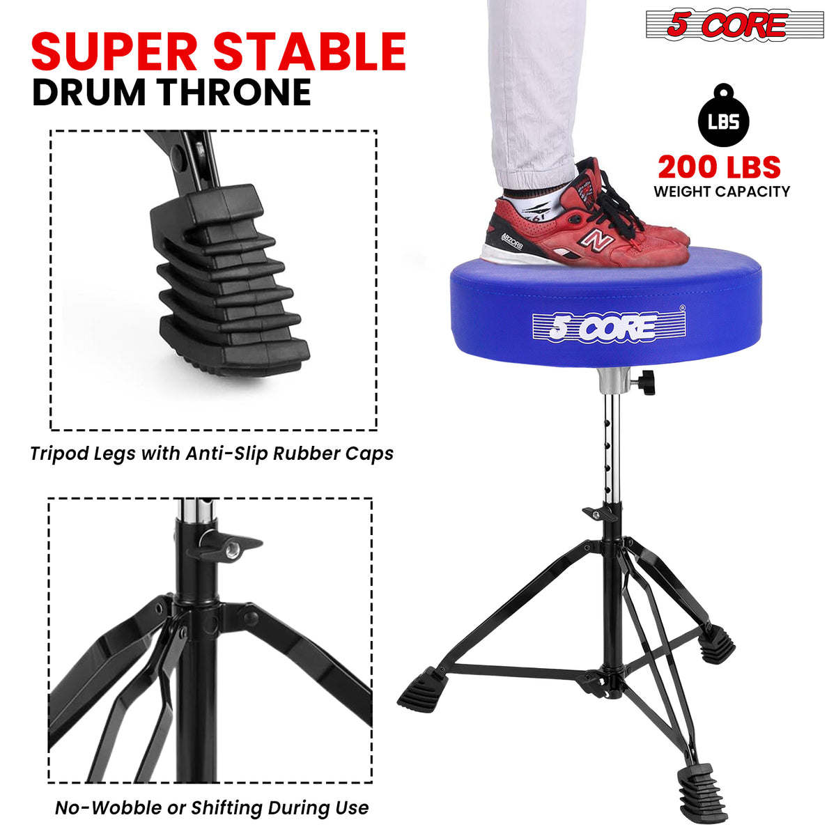 5Core Drum Throne Padded Guitar Stool Height Adjustable Drummer Seat Music Chair for Adults And Kids - BLUE