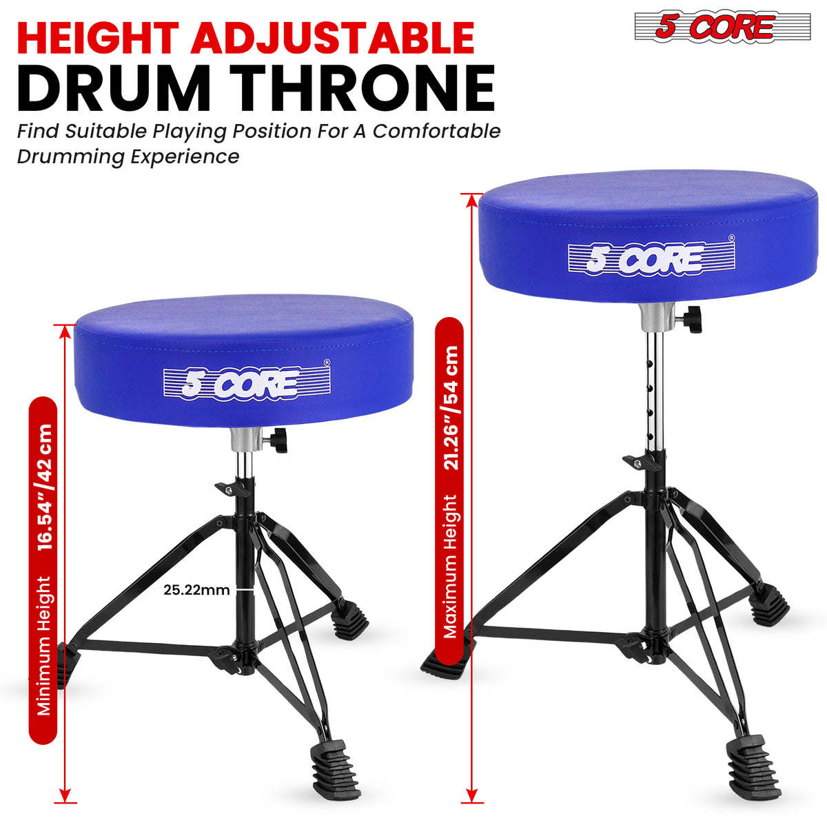 5Core Drum Throne Padded Guitar Stool Height Adjustable Drummer Seat Music Chair for Adults And Kids - BLUE