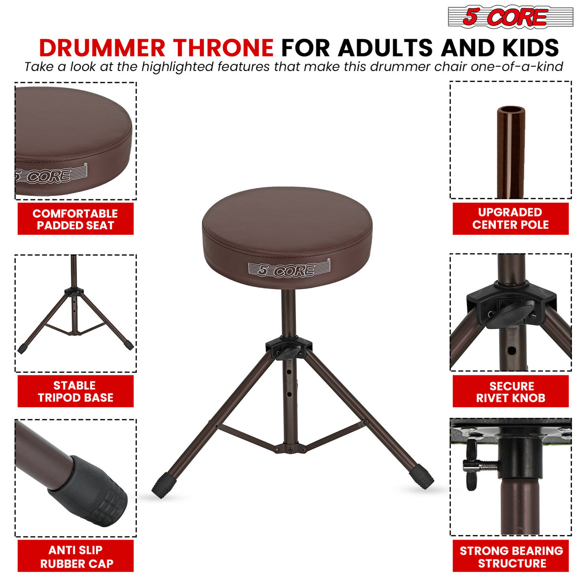 5 Core Drum Throne Padded Guitar Stool Height Adjustable Drummer Seat Music Chair for Adults And Kids - DS 01