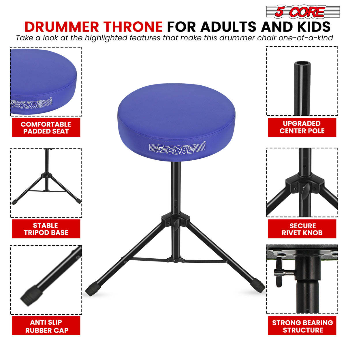 5 Core Drum Throne Padded Guitar Stool Height Adjustable Drummer Seat Music Chair for Adults And Kids - DS 01