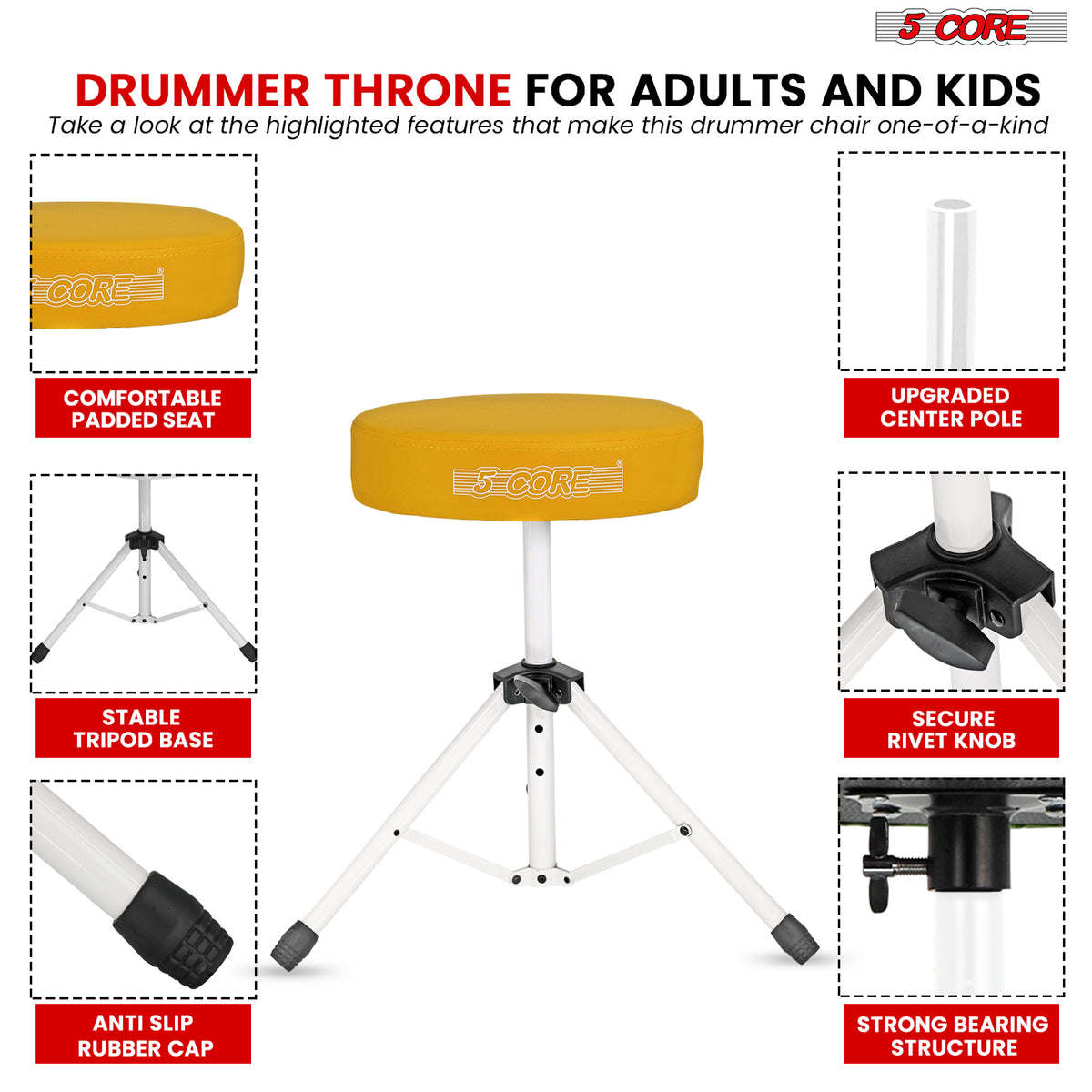 5 Core Drum Throne Padded Guitar Stool Height Adjustable Drummer Seat Music Chair for Adults And Kids - DS 01