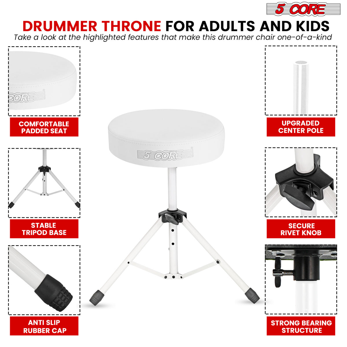 5 Core Drum Throne Padded Guitar Stool Height Adjustable Drummer Seat Music Chair for Adults And Kids - DS 01