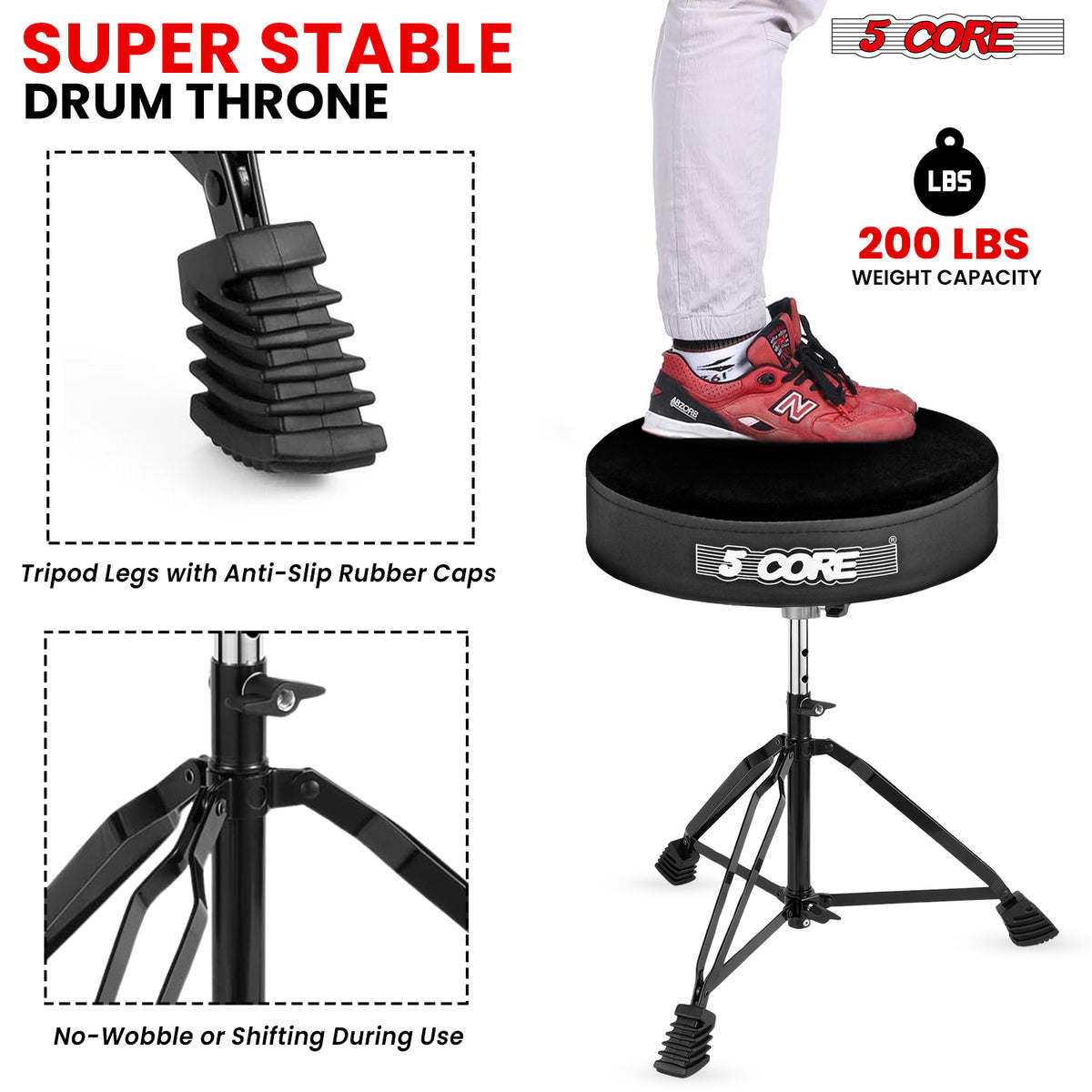 5 Core Drum Throne Padded Guitar Stool Height Adjustable Drummer Seat Music Chair for Adults And Kids - MIDNIGHT BLACK