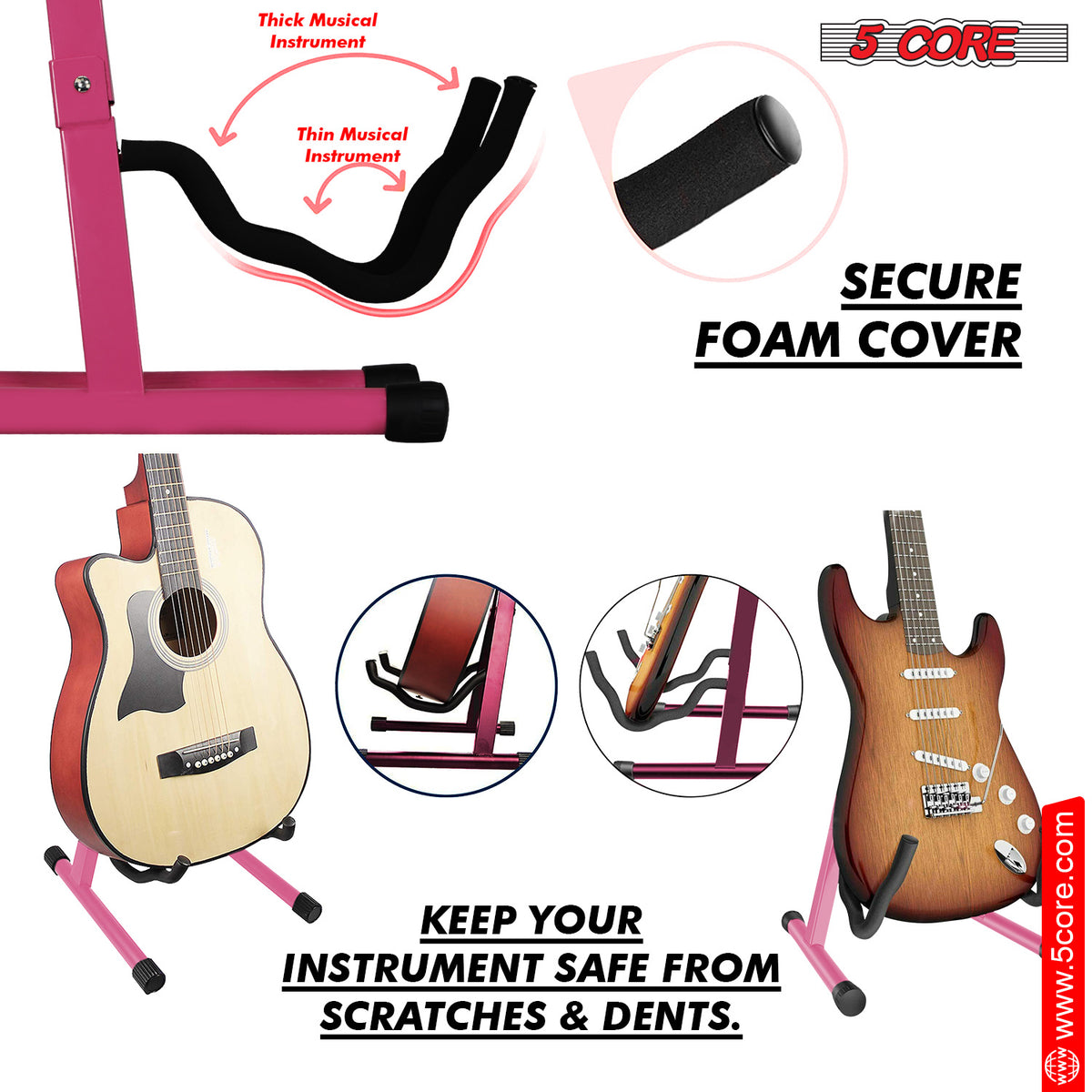 5 Core Guitar Stand Floor A Frame Adjustable Folding Holder With Rubber Feet Heavy Duty Electric Acoustic Bass Cello Stands Pair - GSS BPNK