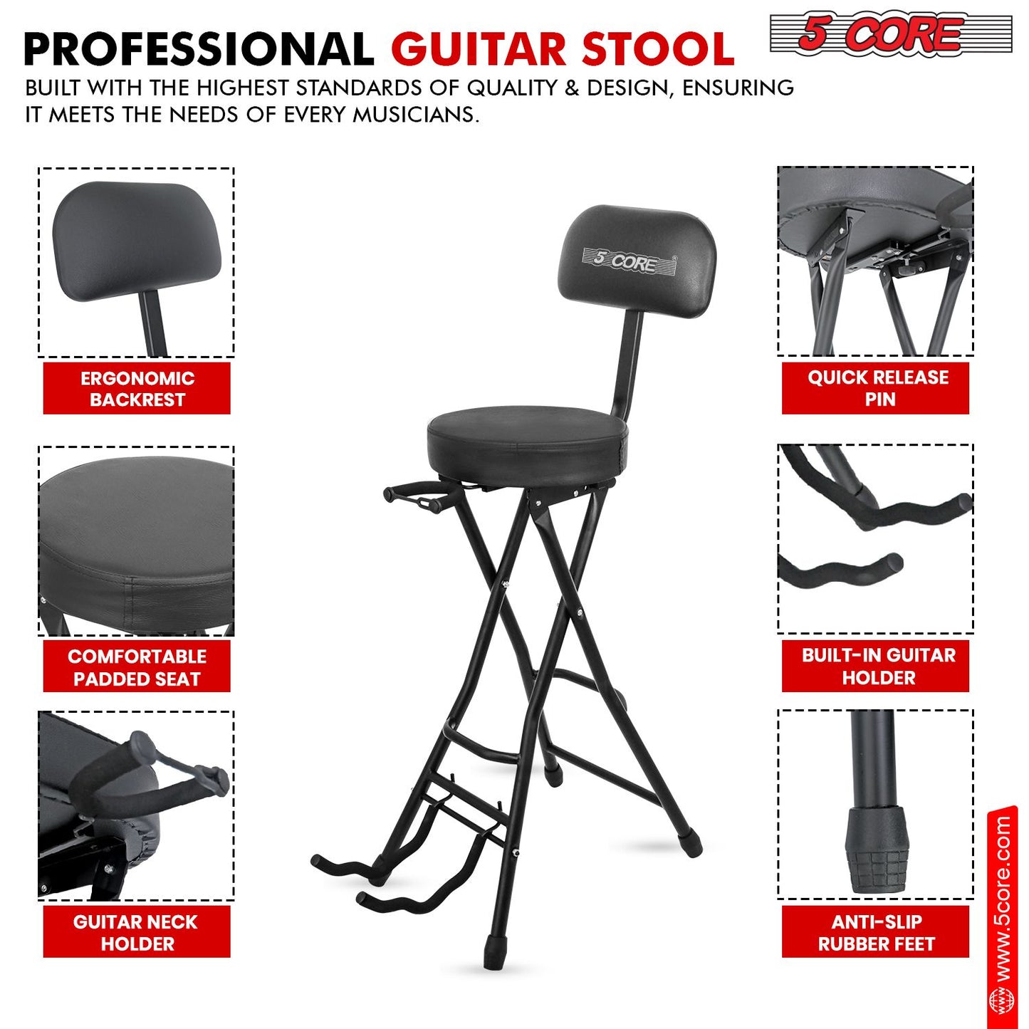 3-in-1 Adjustable Guitar Stool with Padded Seat & Built-in Stand