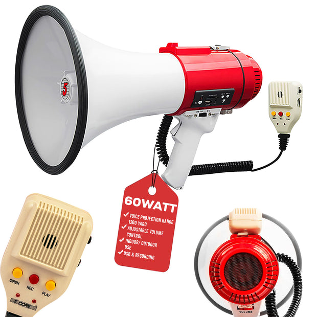 5 Core Megaphone Bullhorn Speaker 60W Professional Bull Horn Battery Power Cheer Megafono 1200 Ft Range Loudspeaker W Siren Recording Ergonomic Handle for Coaches Football Baseball Director - 77SF