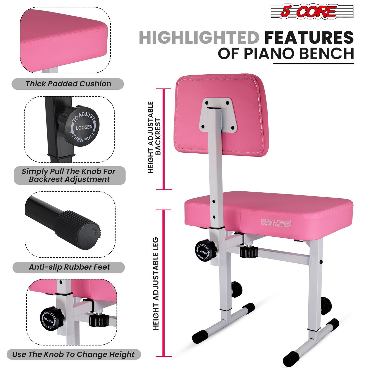 Adjustable Piano Bench with Backrest - 3" Padded Heavy-Duty Keyboard Stool