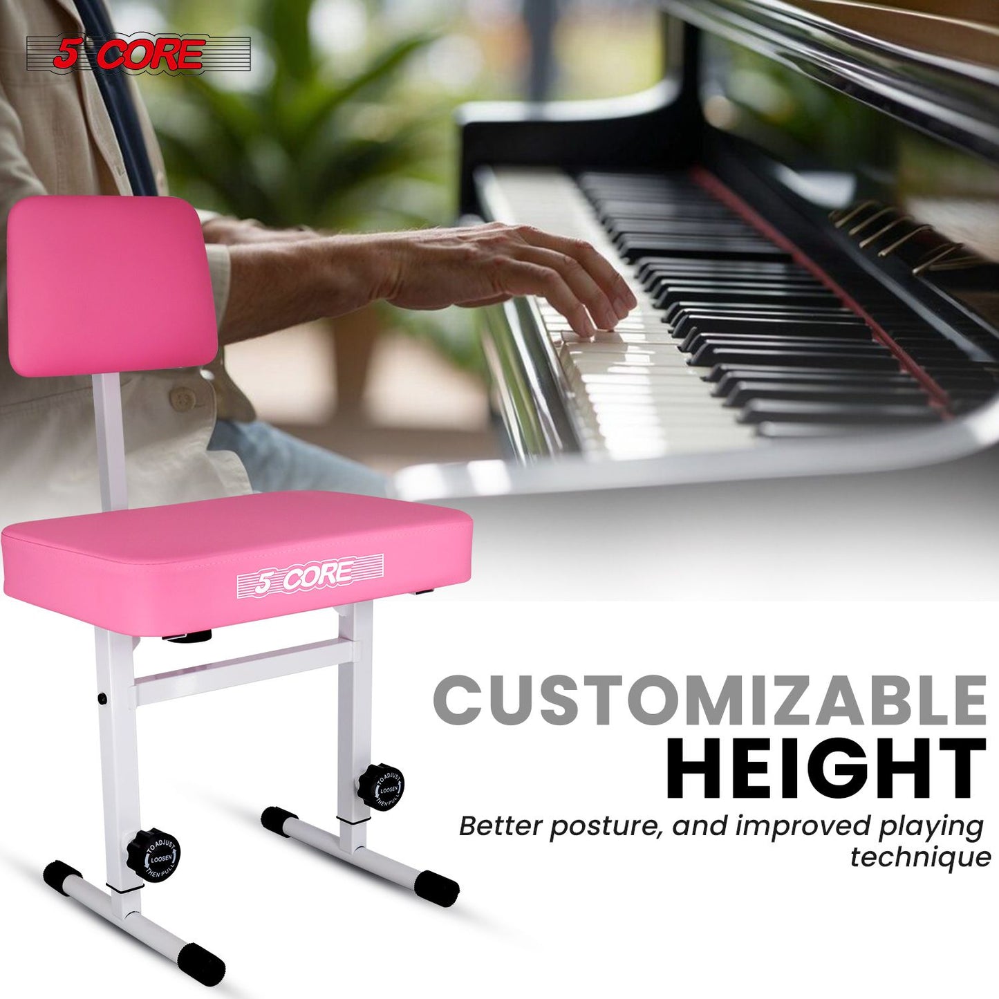 Adjustable Piano Bench with Backrest - 3" Padded Heavy-Duty Keyboard Stool