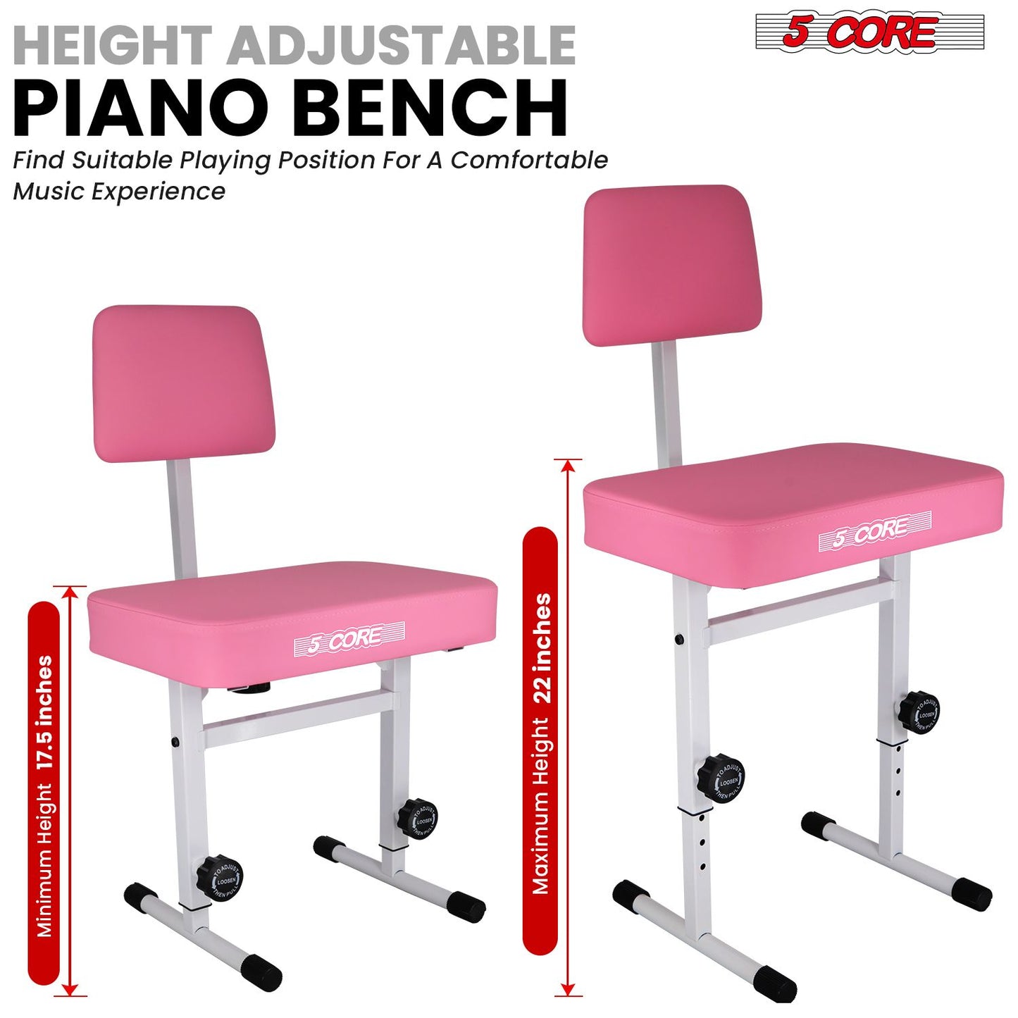 Adjustable Piano Bench with Backrest - 3" Padded Heavy-Duty Keyboard Stool