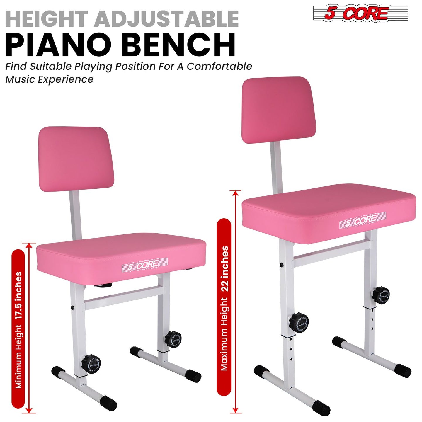 Adjustable Piano Bench with Backrest - 3" Padded Heavy-Duty Keyboard Stool