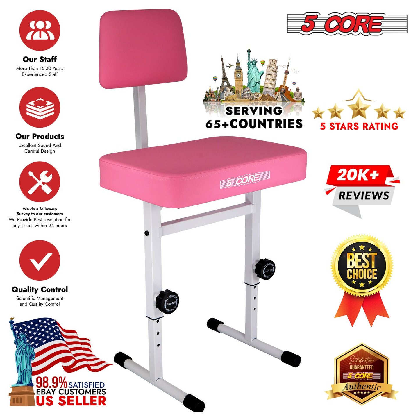 Adjustable Piano Bench with Backrest - 3" Padded Heavy-Duty Keyboard Stool