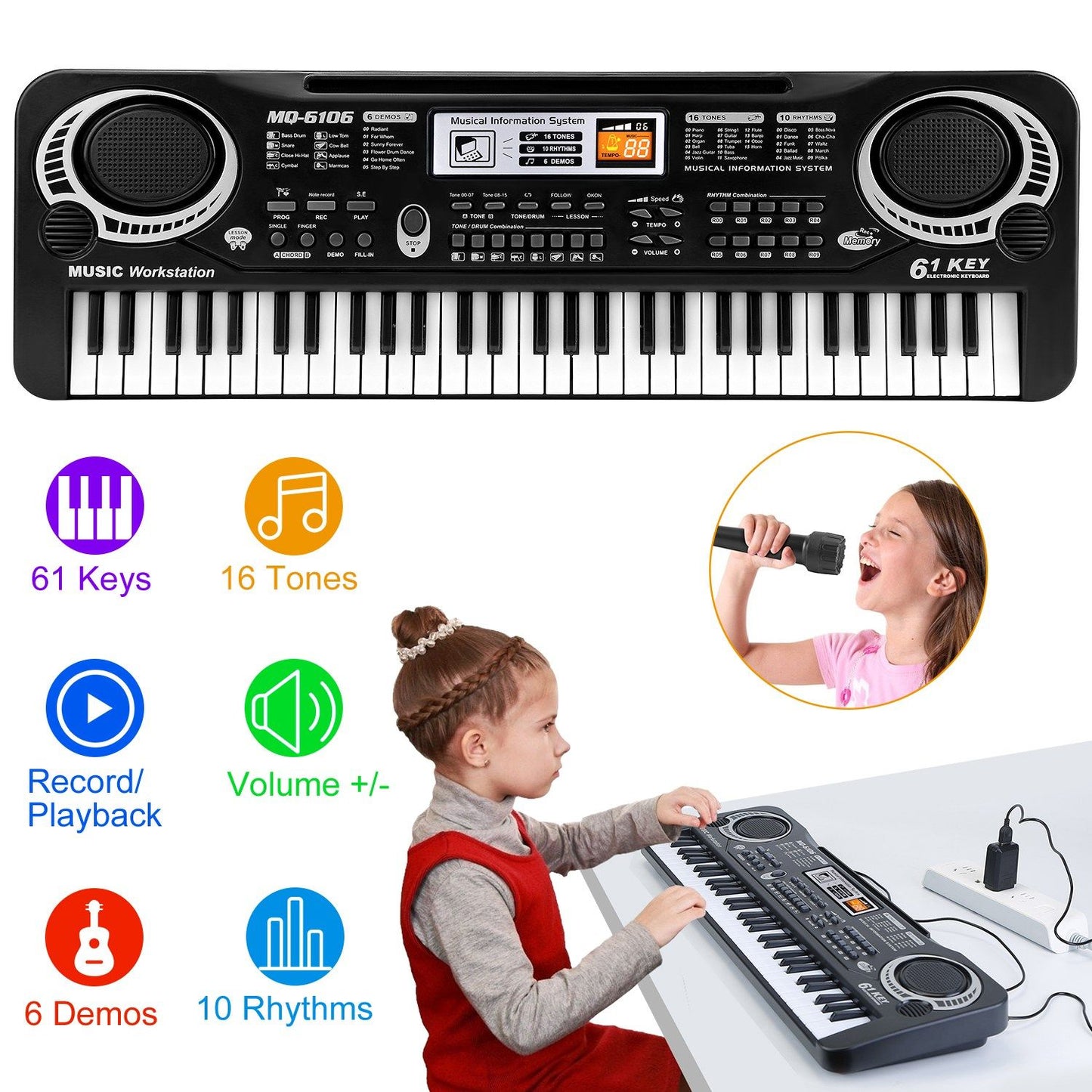 61-Key Digital Keyboard Piano with Microphone – Electronic Music Keyboard for Kids & Beginners