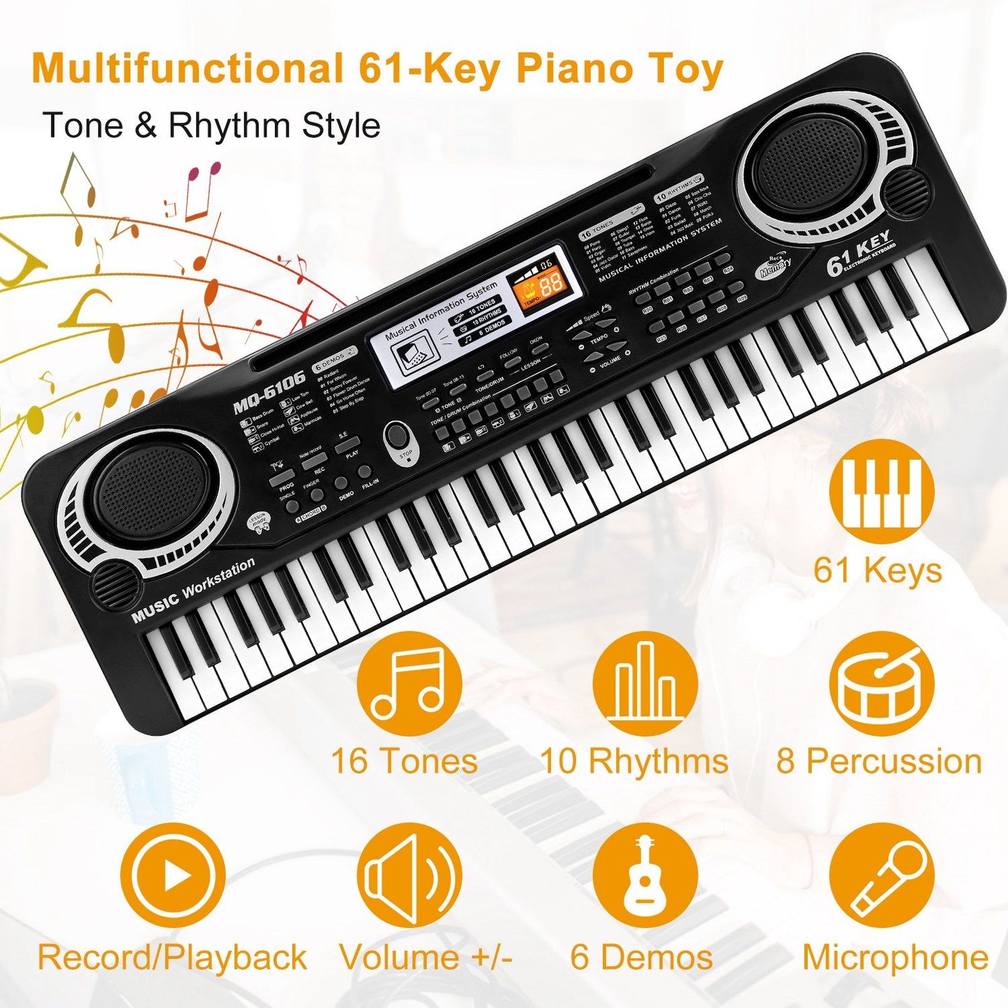 61-Key Digital Keyboard Piano with Microphone – Electronic Music Keyboard for Kids & Beginners