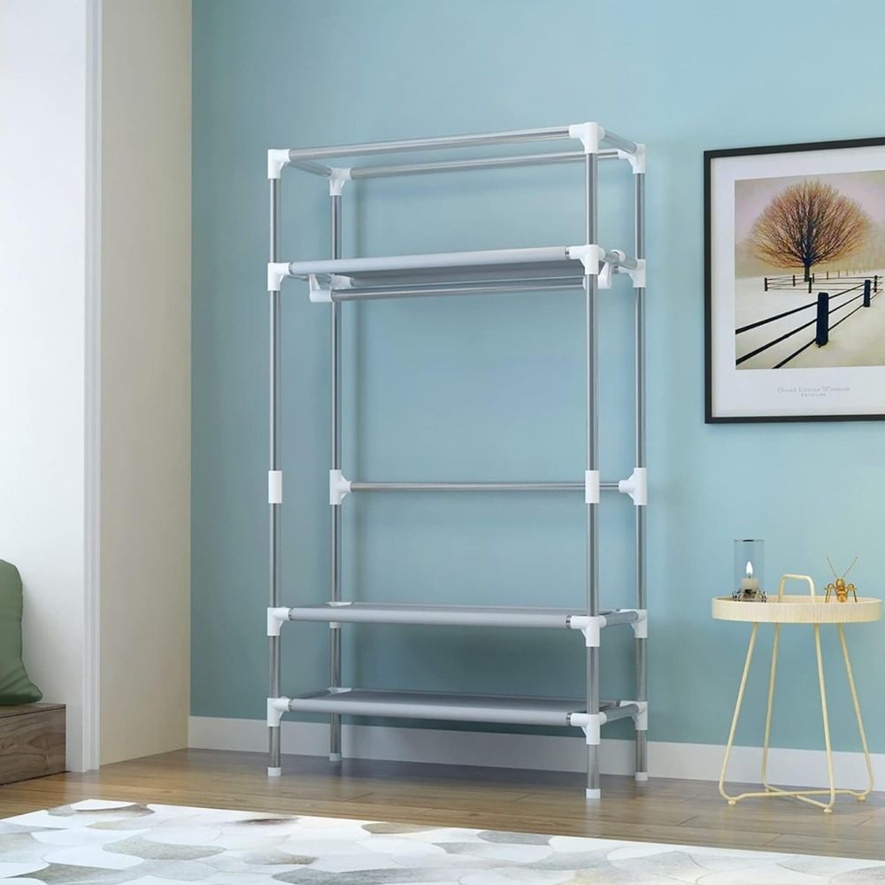 Portable Fabric Wardrobe Closet with Rolling Door, Hanging Rack, 3 Drawers, Gray