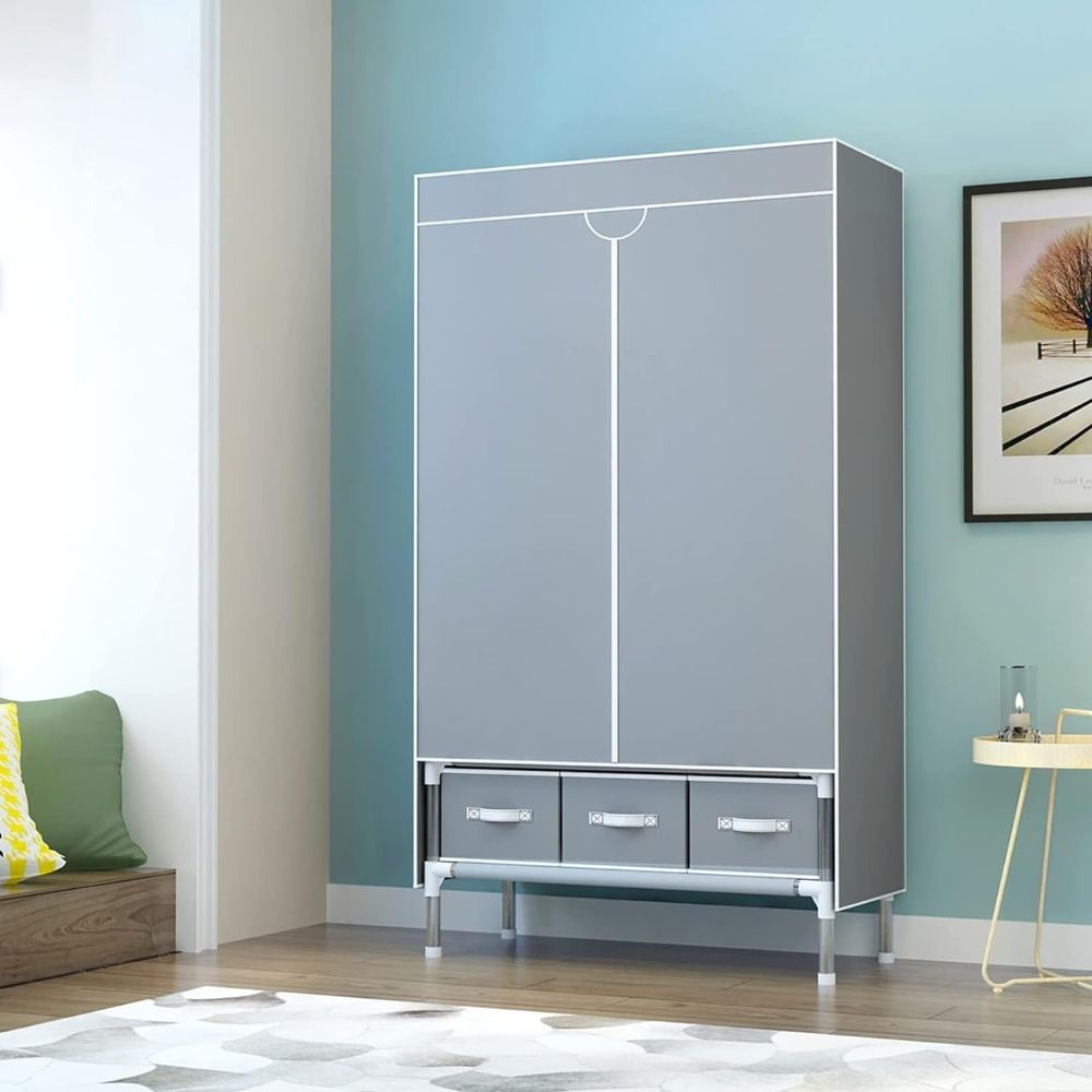 Portable Fabric Wardrobe Closet with Rolling Door, Hanging Rack, 3 Drawers, Gray