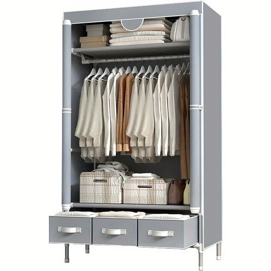 Portable Fabric Wardrobe Closet with Rolling Door, Hanging Rack, 3 Drawers, Gray