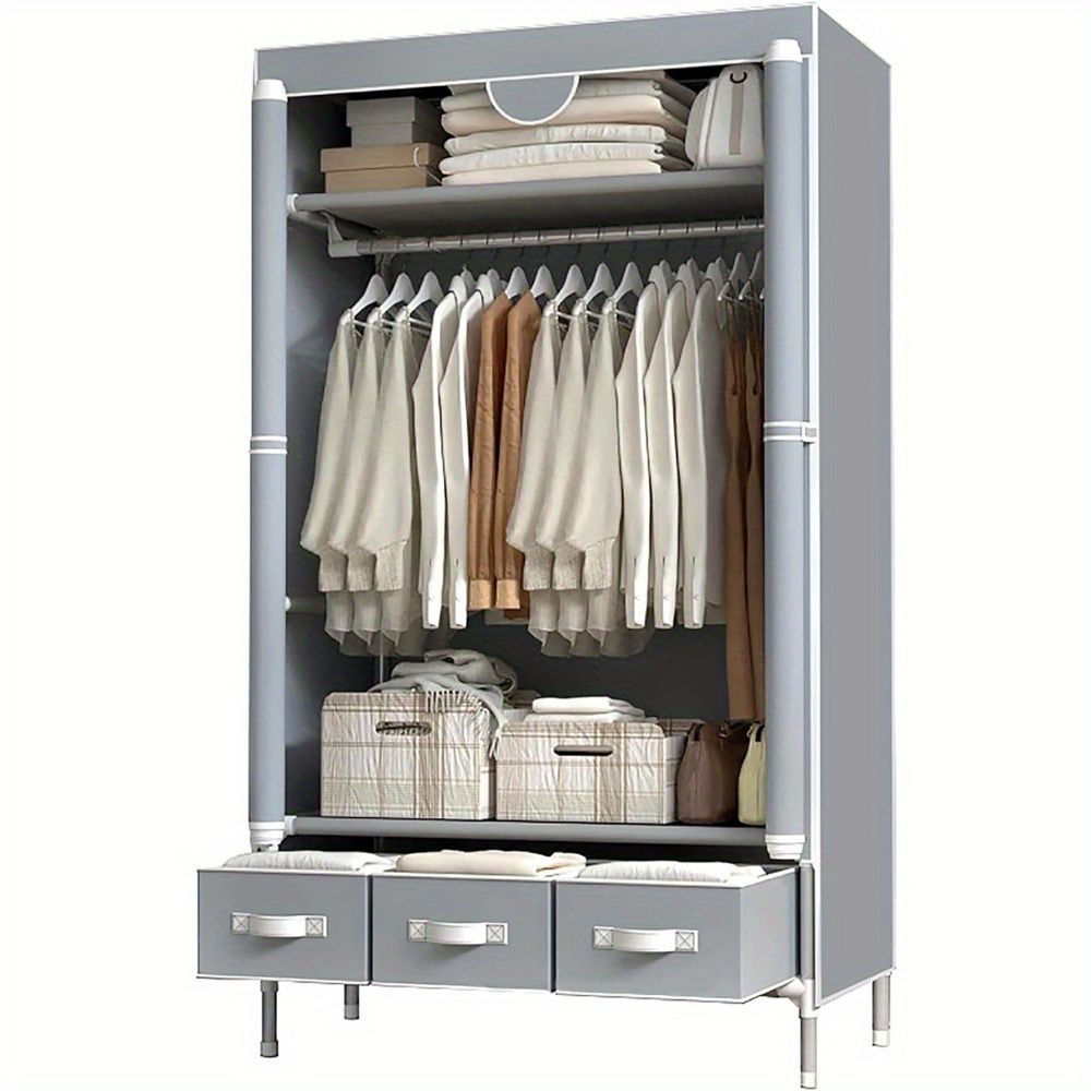 Portable Fabric Wardrobe Closet with Rolling Door, Hanging Rack, 3 Drawers, Gray