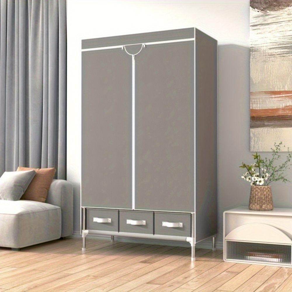 Portable Fabric Wardrobe Closet with Rolling Door, Hanging Rack, 3 Drawers, Gray
