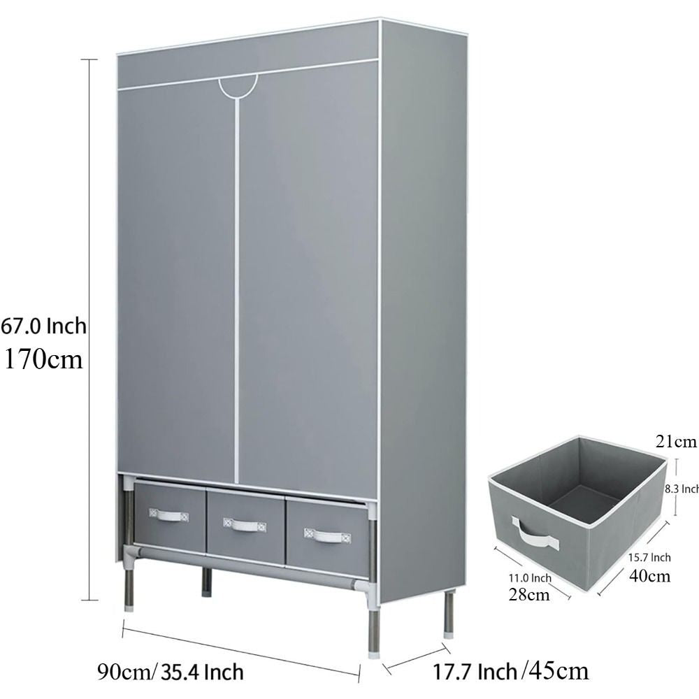Portable Fabric Wardrobe Closet with Rolling Door, Hanging Rack, 3 Drawers, Gray