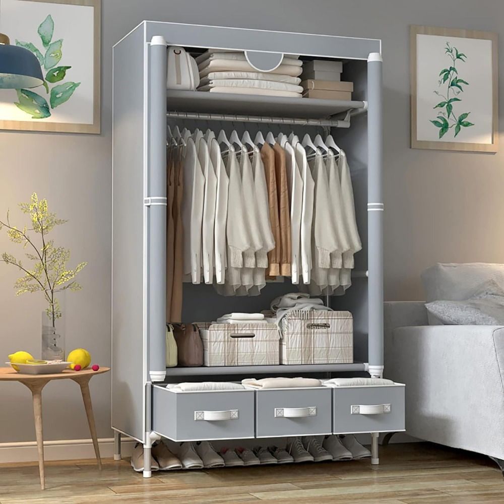 Portable Fabric Wardrobe Closet with Rolling Door, Hanging Rack, 3 Drawers, Gray