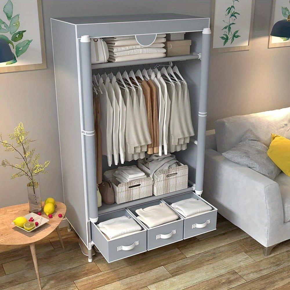 Portable Fabric Wardrobe Closet with Rolling Door, Hanging Rack, 3 Drawers, Gray