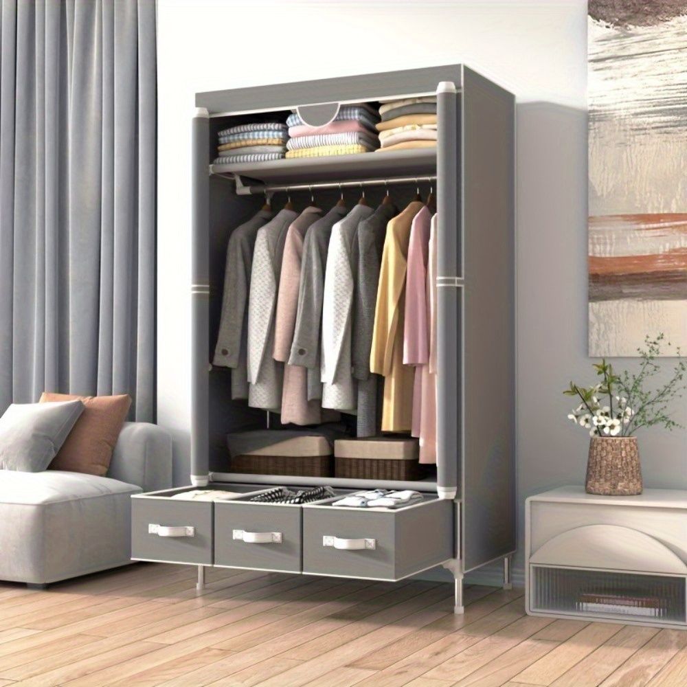 Portable Fabric Wardrobe Closet with Rolling Door, Hanging Rack, 3 Drawers, Gray