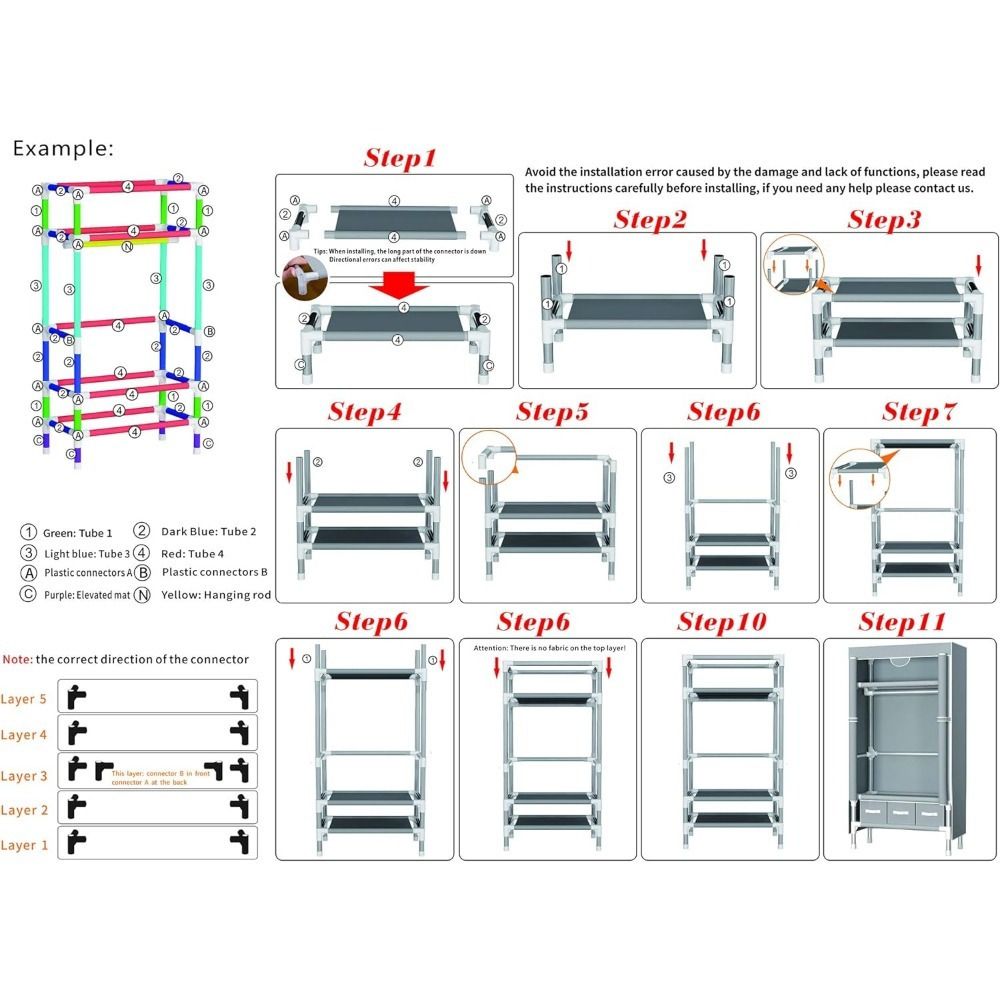 Portable Fabric Wardrobe Closet with Rolling Door, Hanging Rack, 3 Drawers, Gray