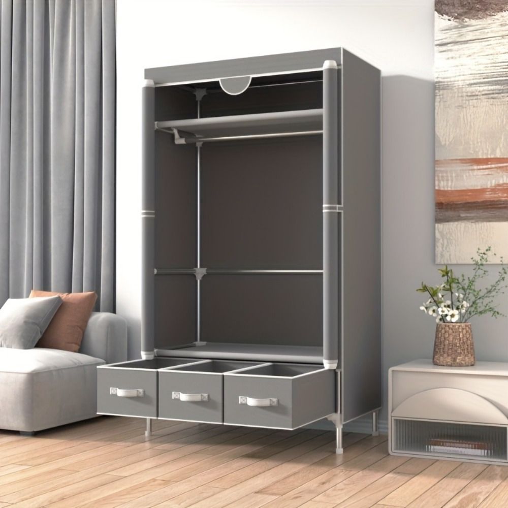 Portable Fabric Wardrobe Closet with Rolling Door, Hanging Rack, 3 Drawers, Gray