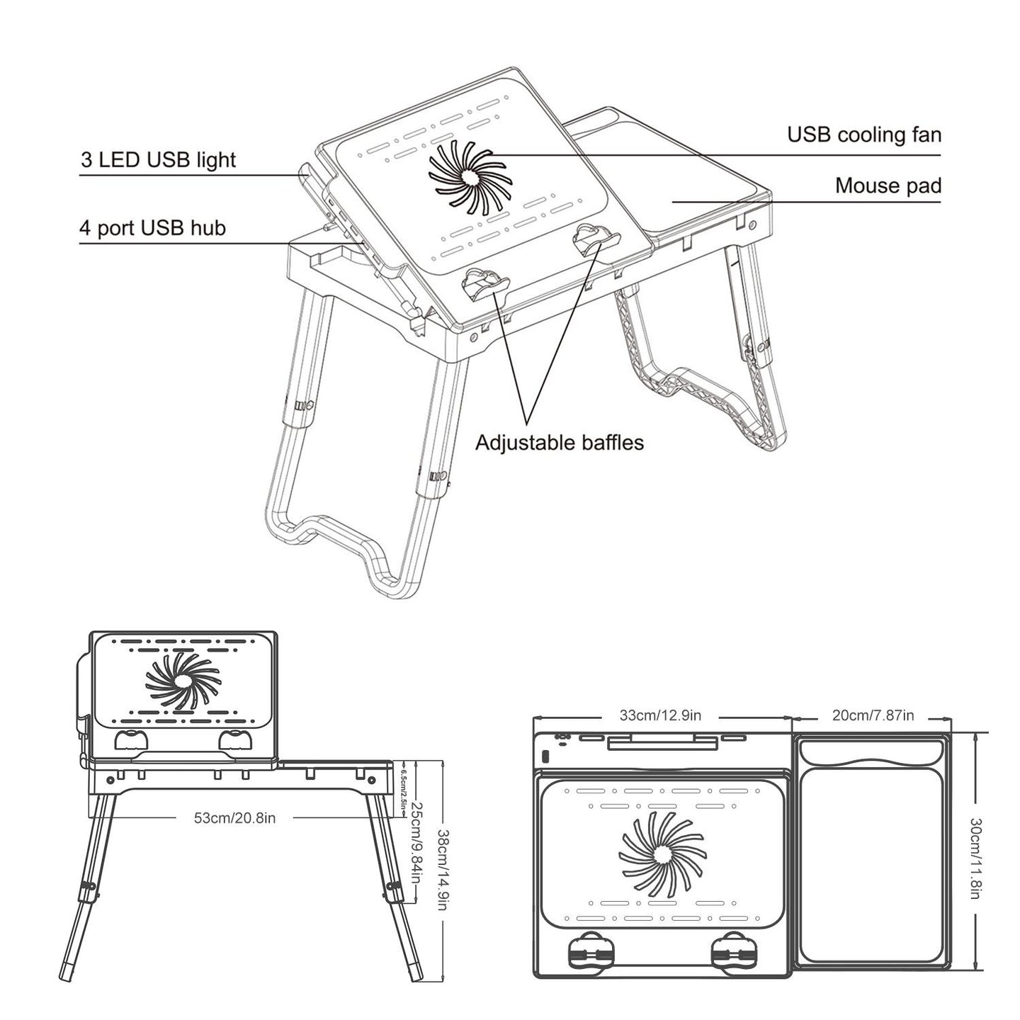 Multifunctional Foldable Laptop Desk with Cooling Fan & LED Light