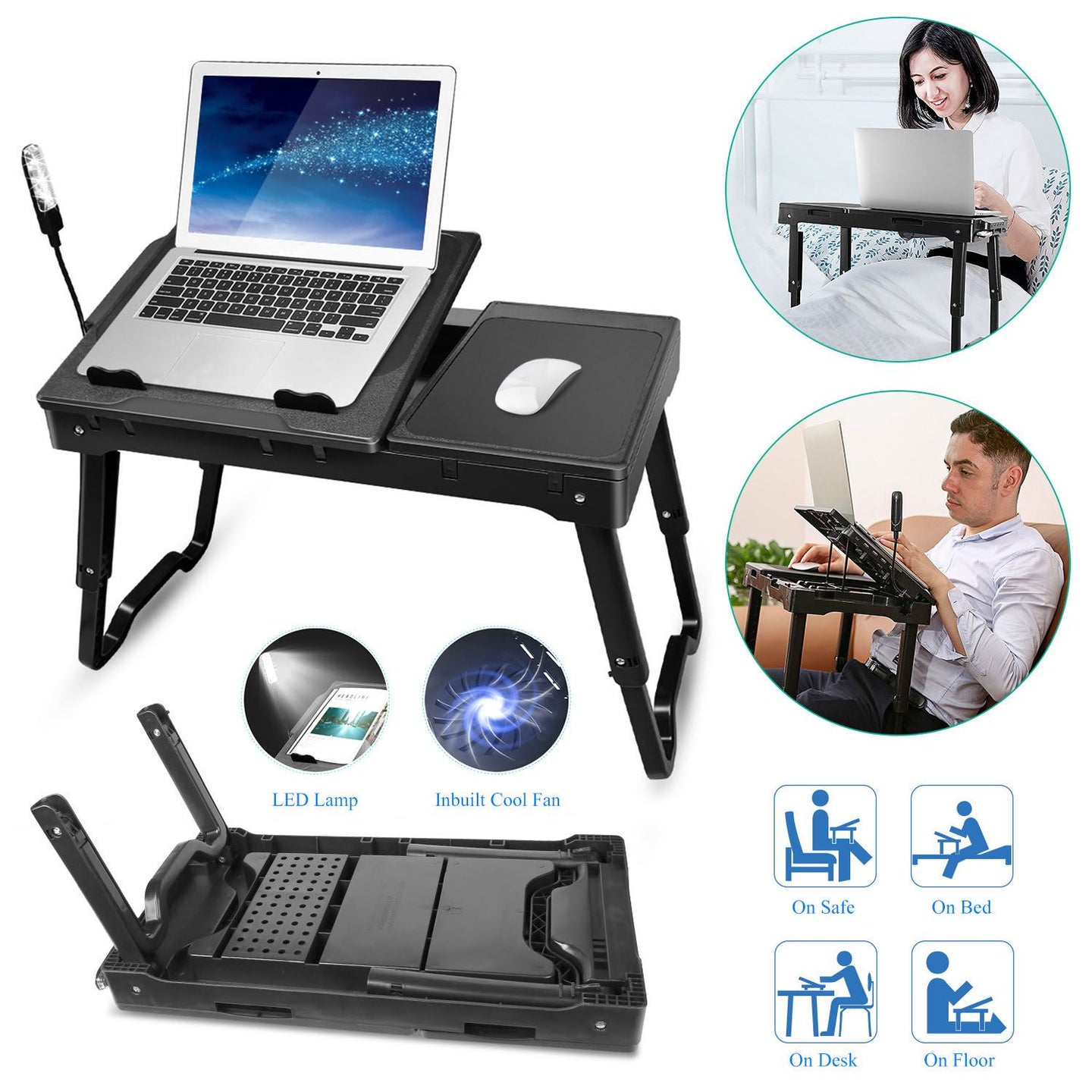 Multifunctional Foldable Laptop Desk with Cooling Fan & LED Light