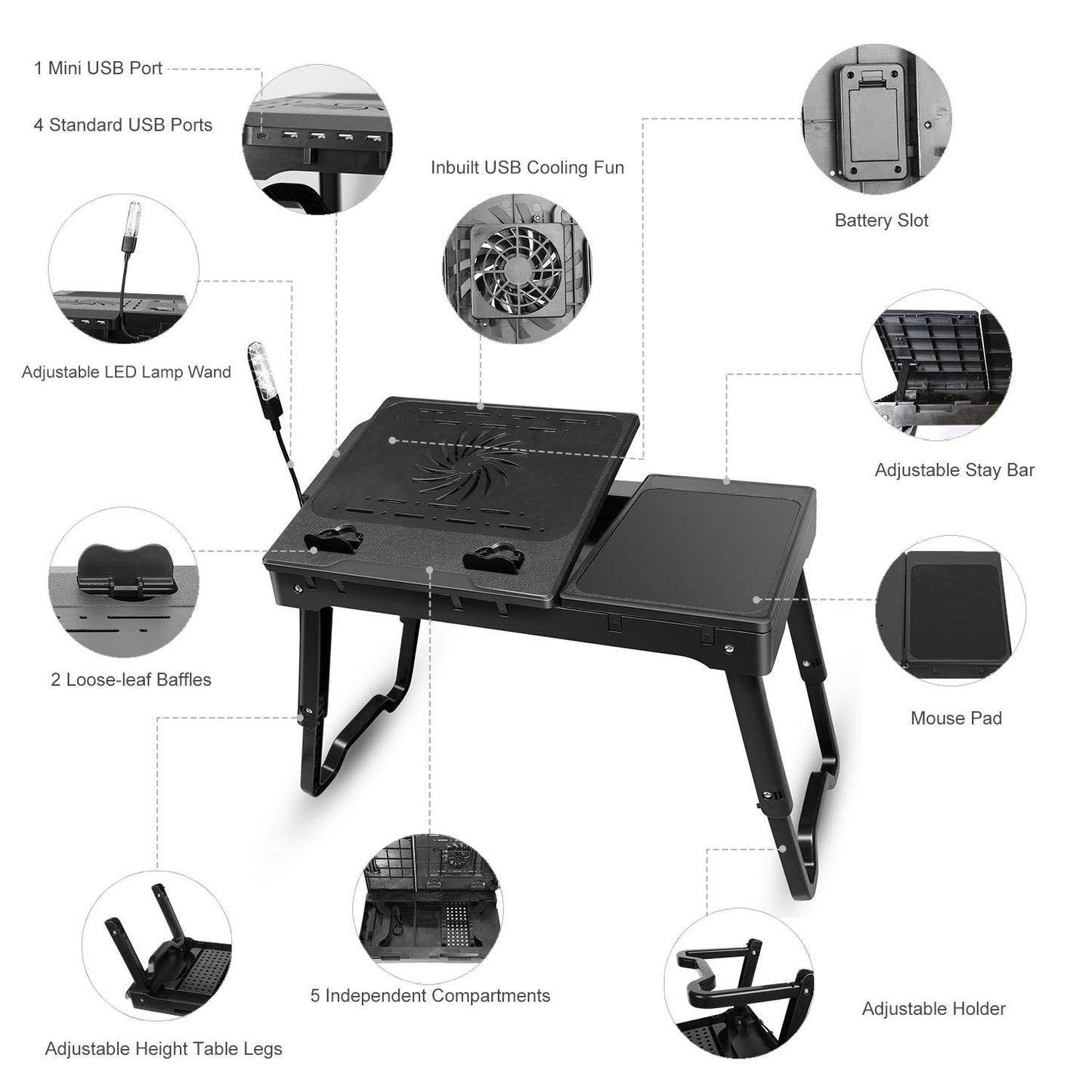 Multifunctional Foldable Laptop Desk with Cooling Fan & LED Light