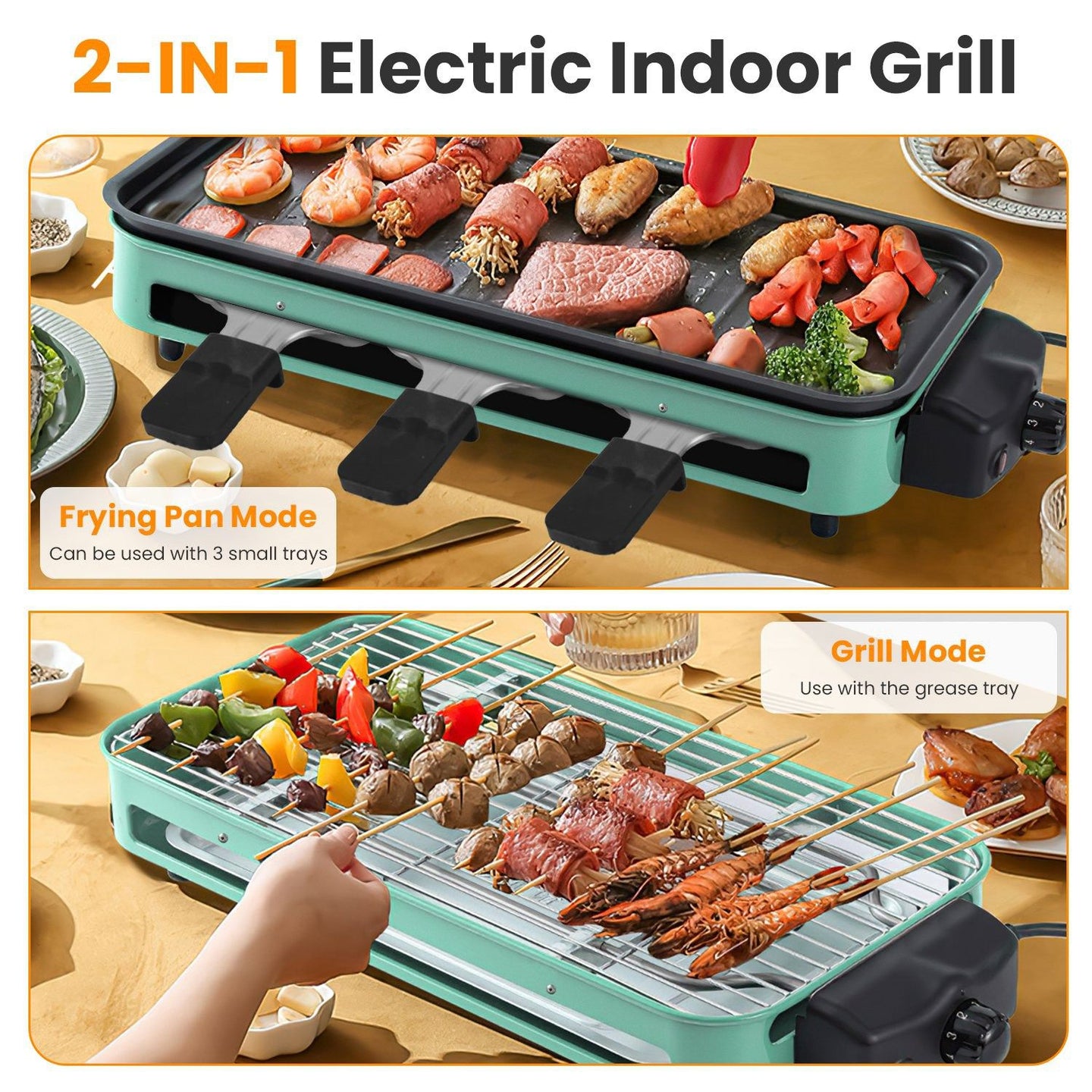 2-IN-1 Electric Grill & Crepe Maker, 2000W Fast Heat 5 Temp Control, 3 Raclette Trays Dishwasher Safe for Indoor Outdoor